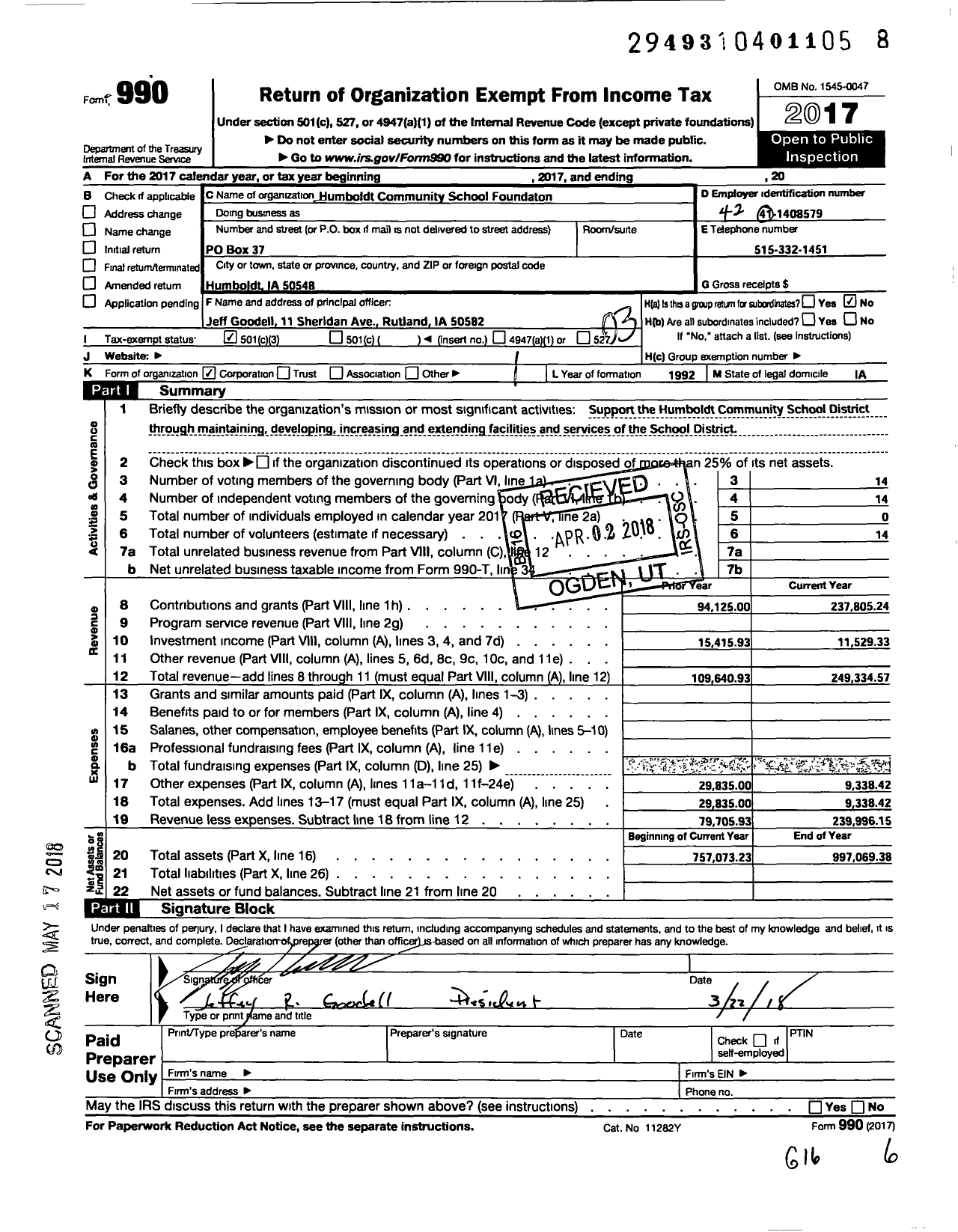 Image of first page of 2017 Form 990 for Humboldt Community School Foundation