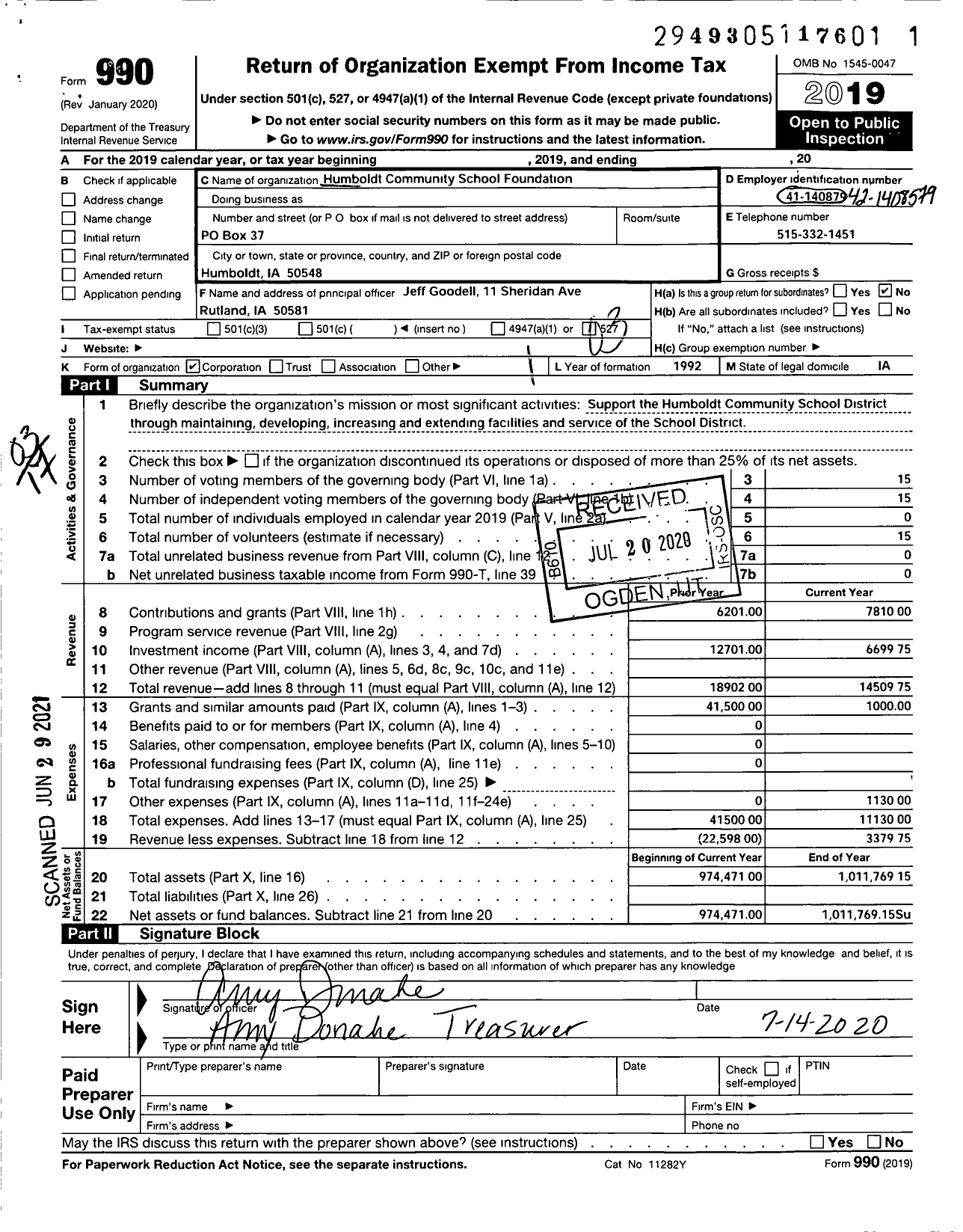 Image of first page of 2019 Form 990 for Humboldt Community School Foundation