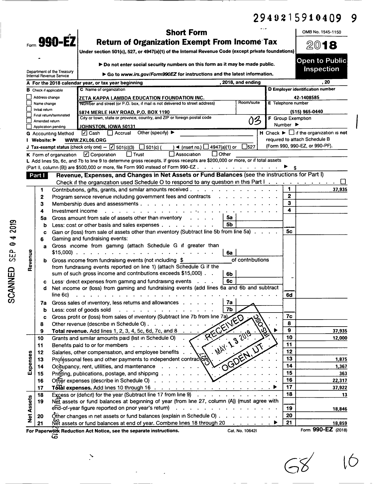 Image of first page of 2018 Form 990EZ for Zeta Kappa Lamda Education Foundation