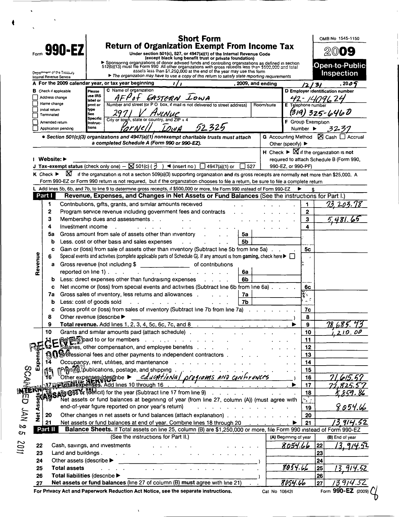 Image of first page of 2009 Form 990EZ for Association of Fundraising Professionals - Ia Eastern Chapter