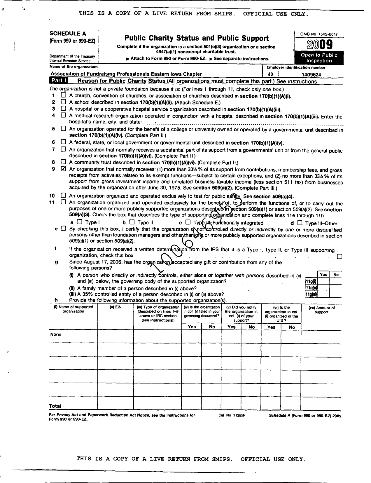 Image of first page of 2009 Form 990ER for Association of Fundraising Professionals - Ia Eastern Chapter