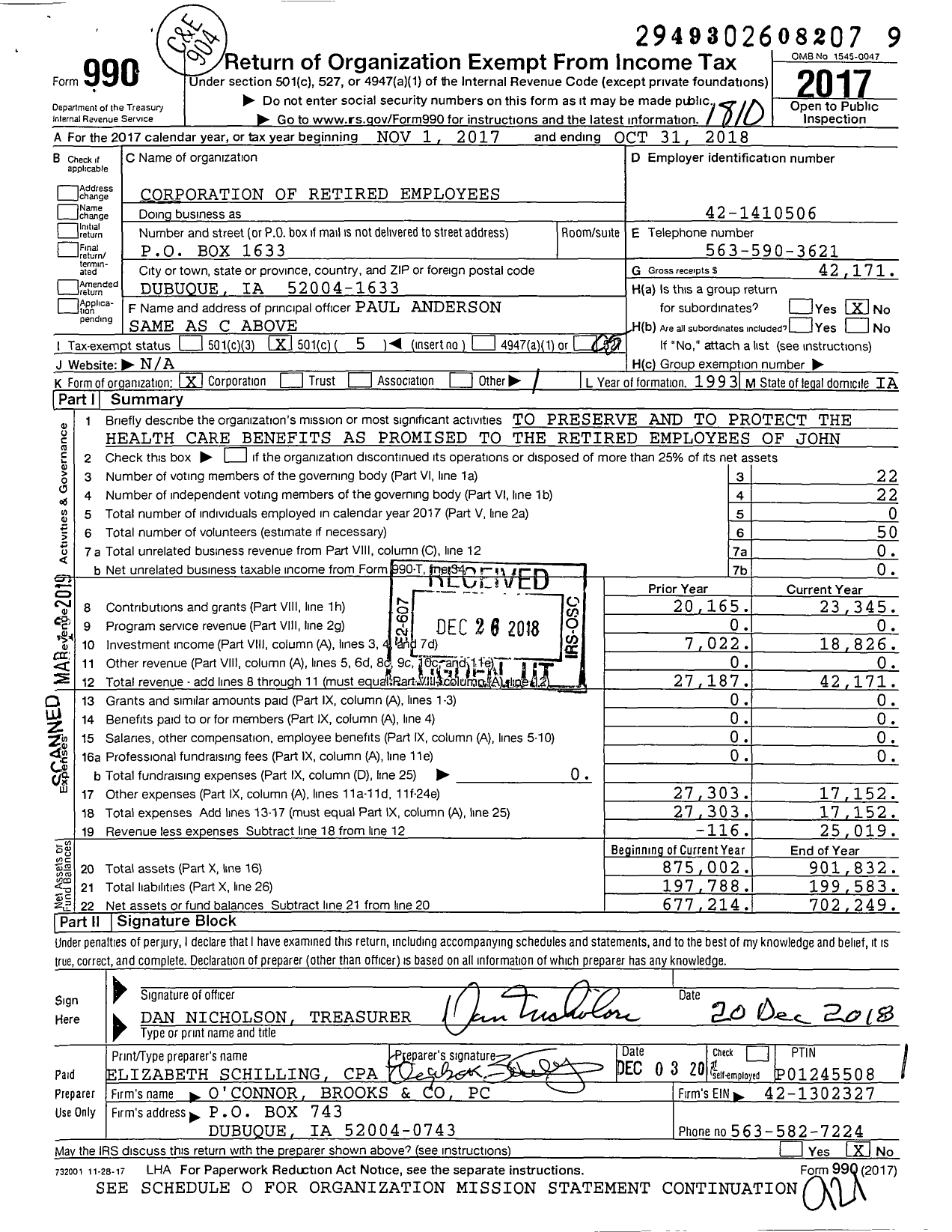 Image of first page of 2017 Form 990O for Corporation of Retired Employees