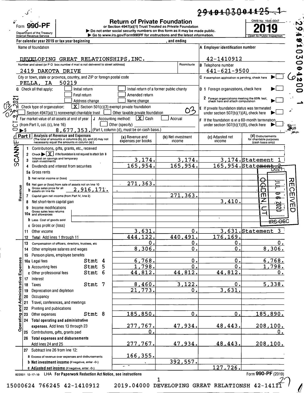 Image of first page of 2019 Form 990PF for Developing Great Relationships