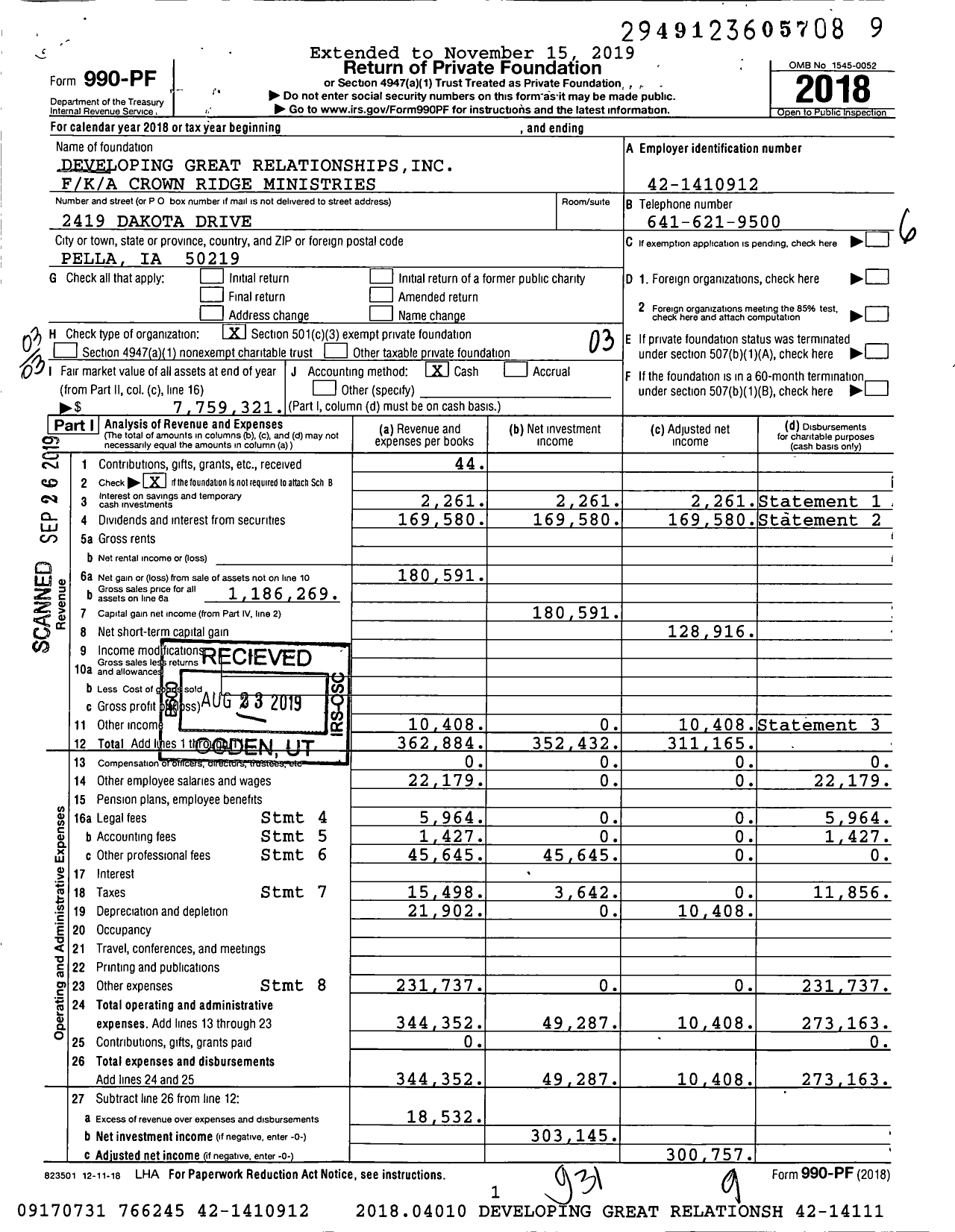 Image of first page of 2018 Form 990PF for Developing Great Relationships