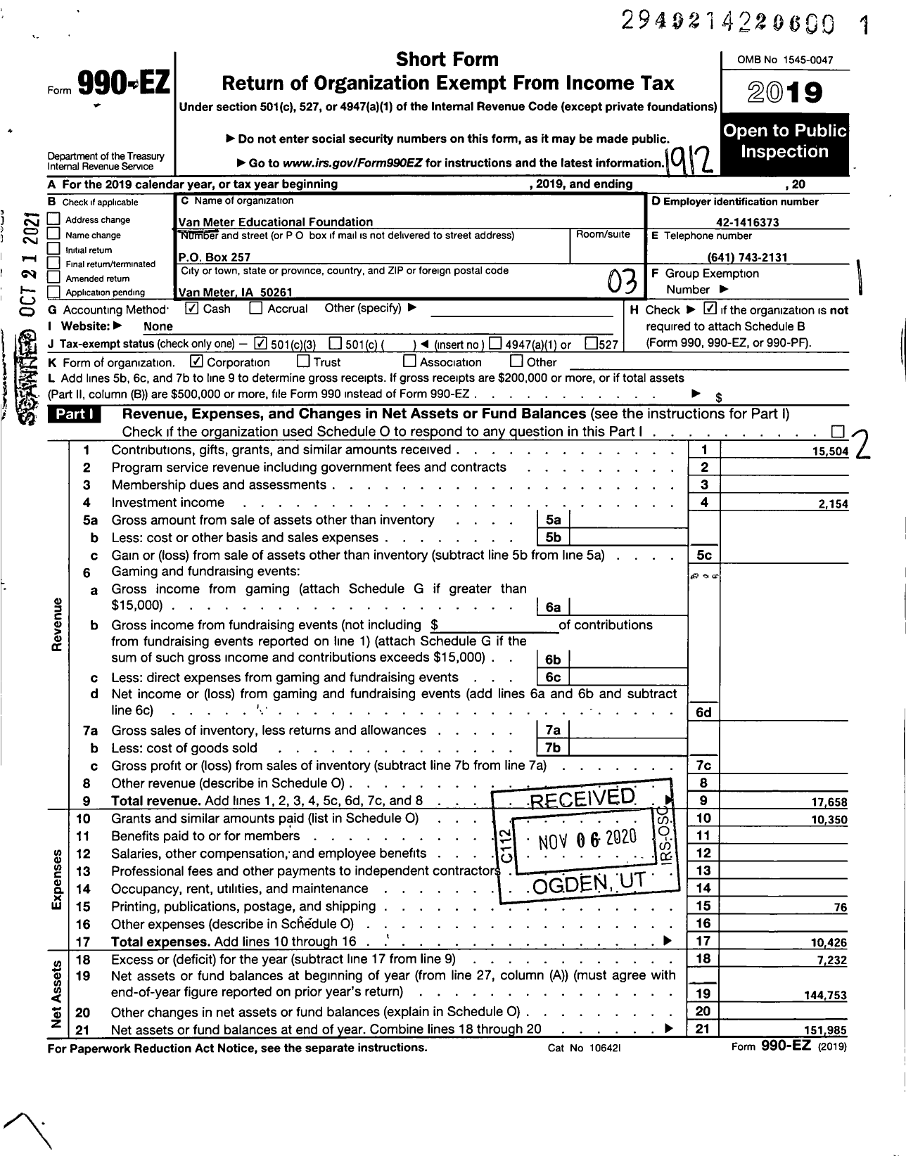 Image of first page of 2019 Form 990EZ for Van Meter Educational Foundation