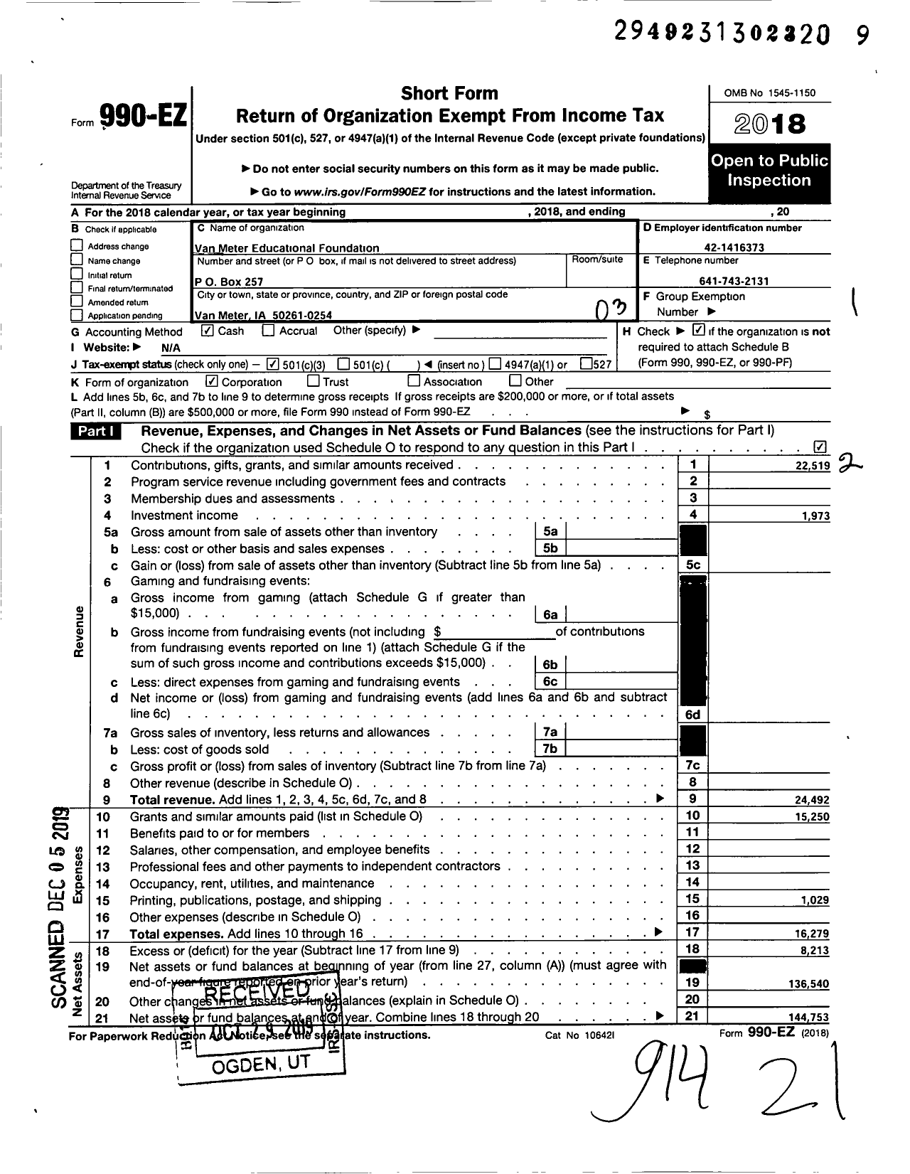 Image of first page of 2018 Form 990EZ for Van Meter Educational Foundation