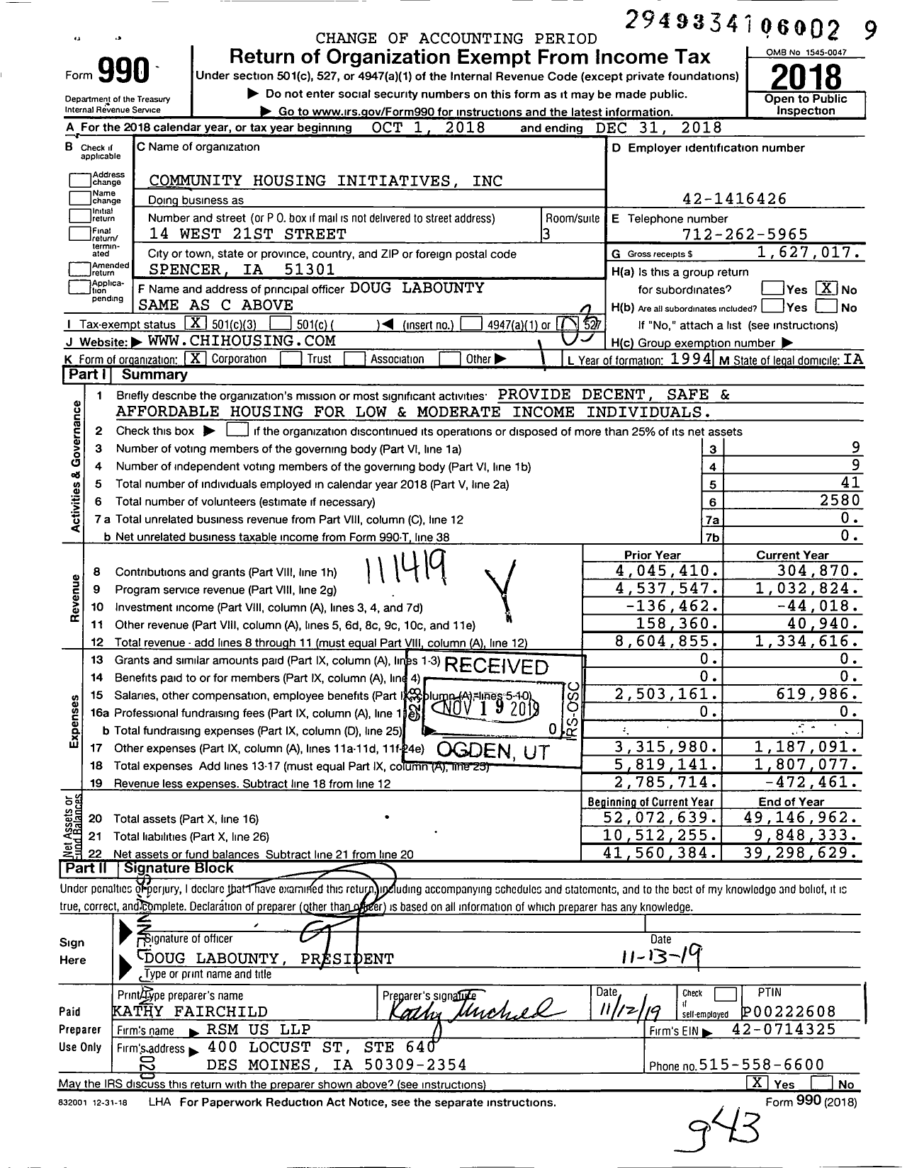Image of first page of 2018 Form 990 for Community Housing Initiatives (CHI)