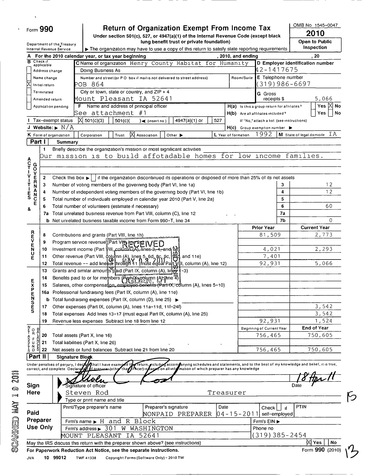 Image of first page of 2010 Form 990 for Habitat for Humanity - Henry County HFH