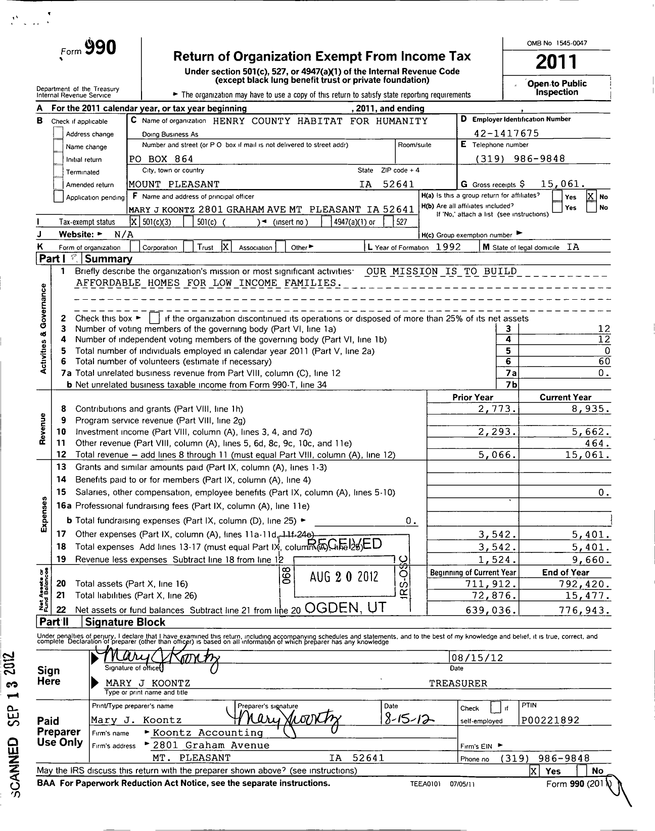 Image of first page of 2011 Form 990 for Habitat for Humanity - Henry County HFH