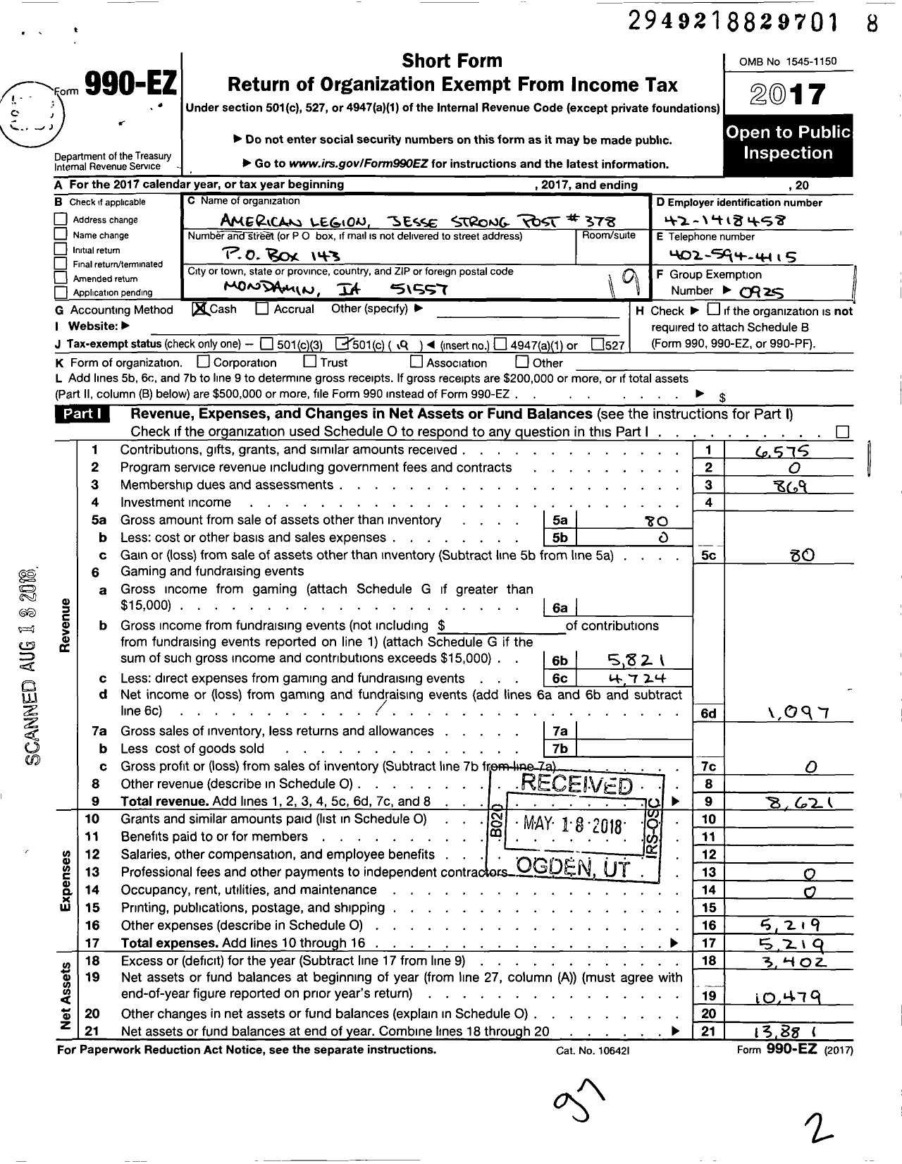 Image of first page of 2017 Form 990EO for American Legion - 0378 Jesse Strong