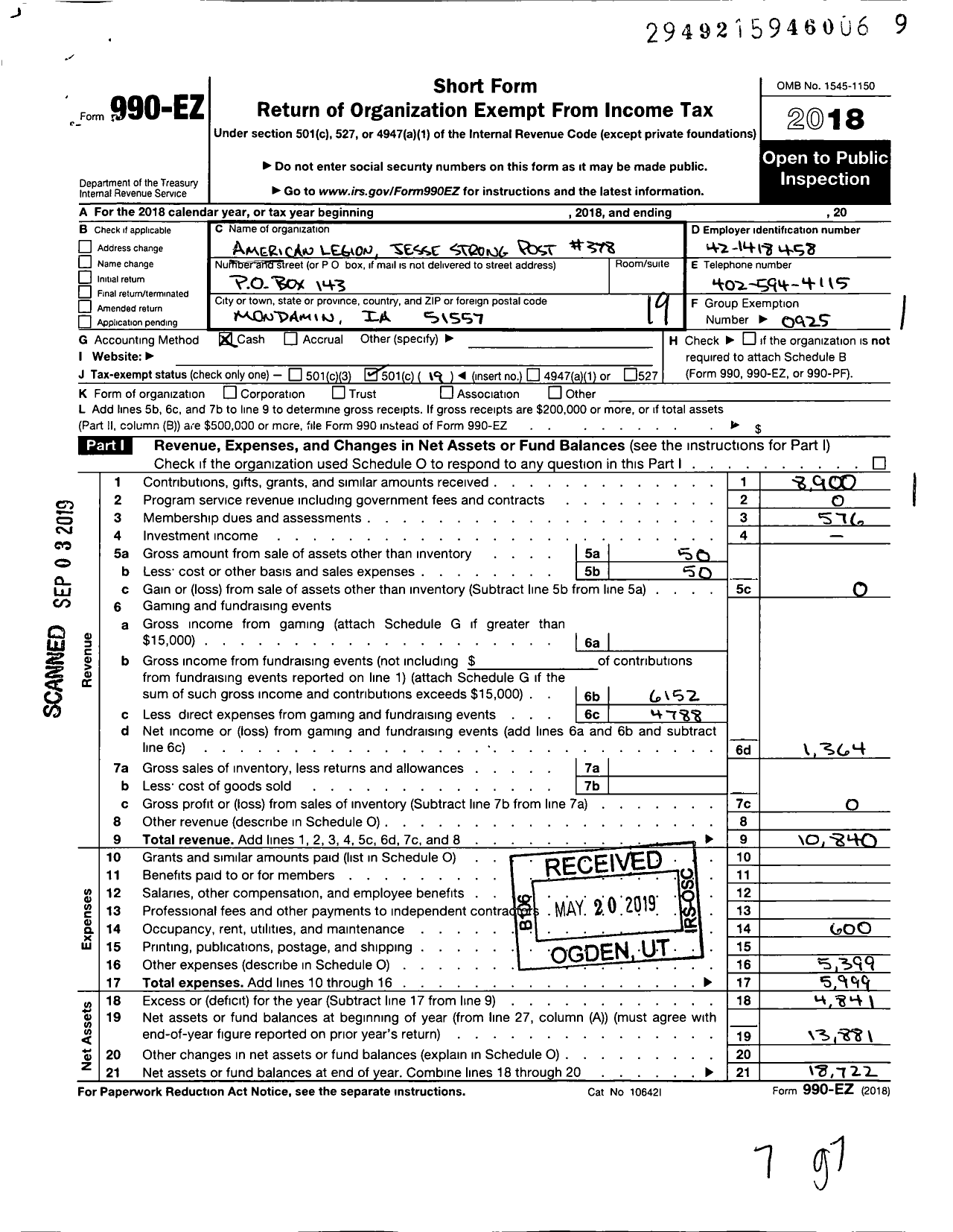 Image of first page of 2018 Form 990EO for American Legion - 0378 Jesse Strong