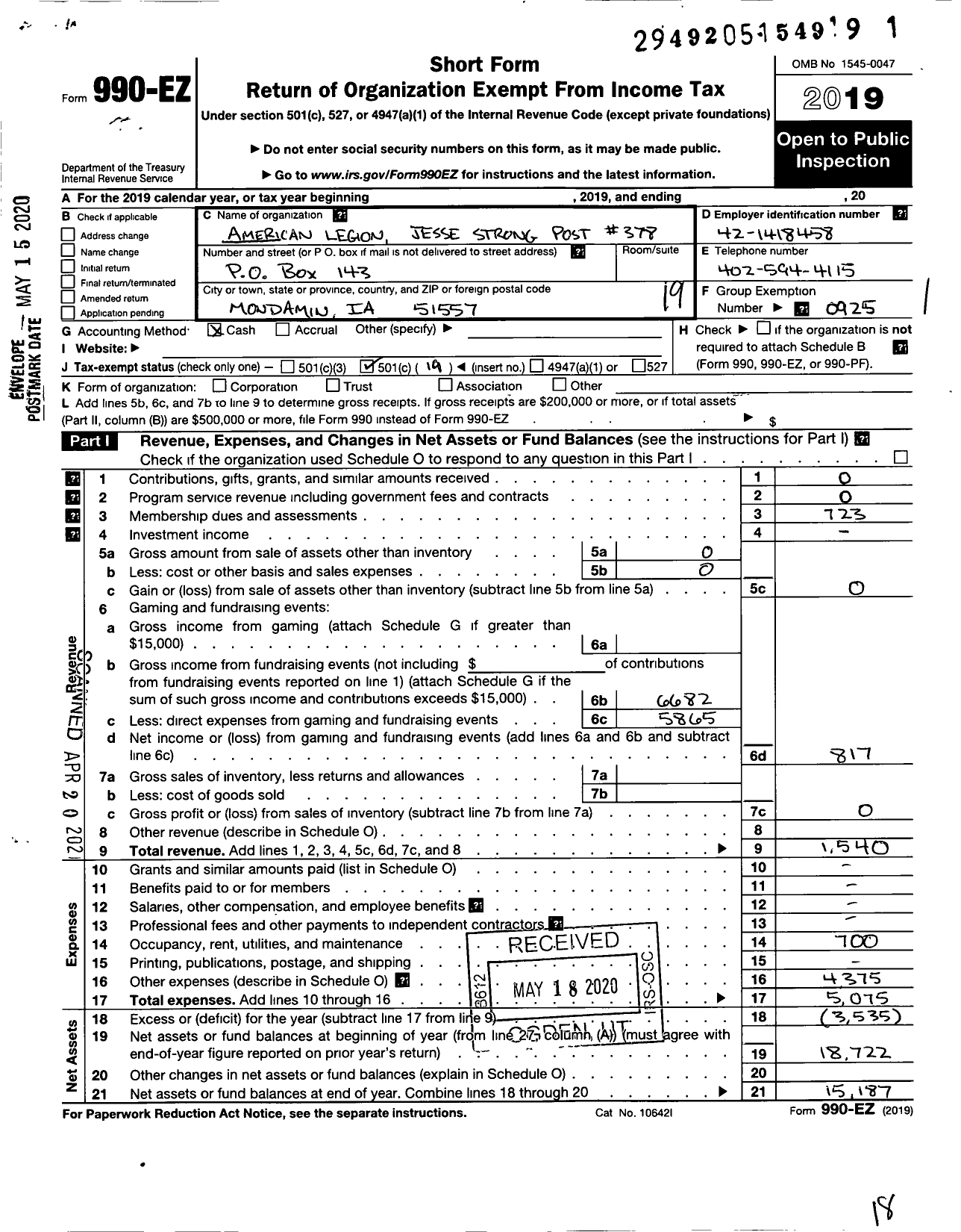 Image of first page of 2019 Form 990EO for American Legion - 0378 Jesse Strong