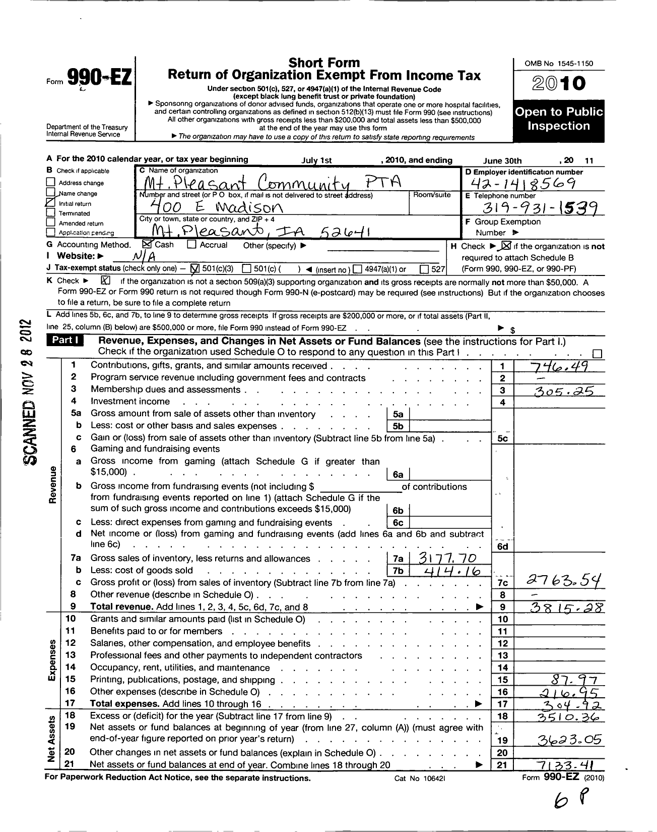 Image of first page of 2010 Form 990EZ for PTA Iowa Congress / MT Pleasant Community PTA