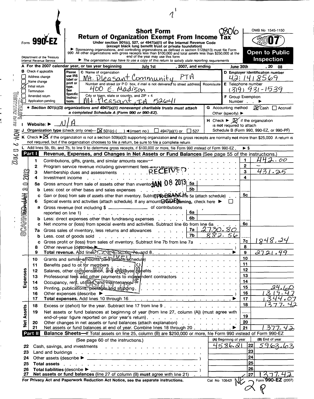 Image of first page of 2007 Form 990EO for PTA Iowa Congress / MT Pleasant Community PTA