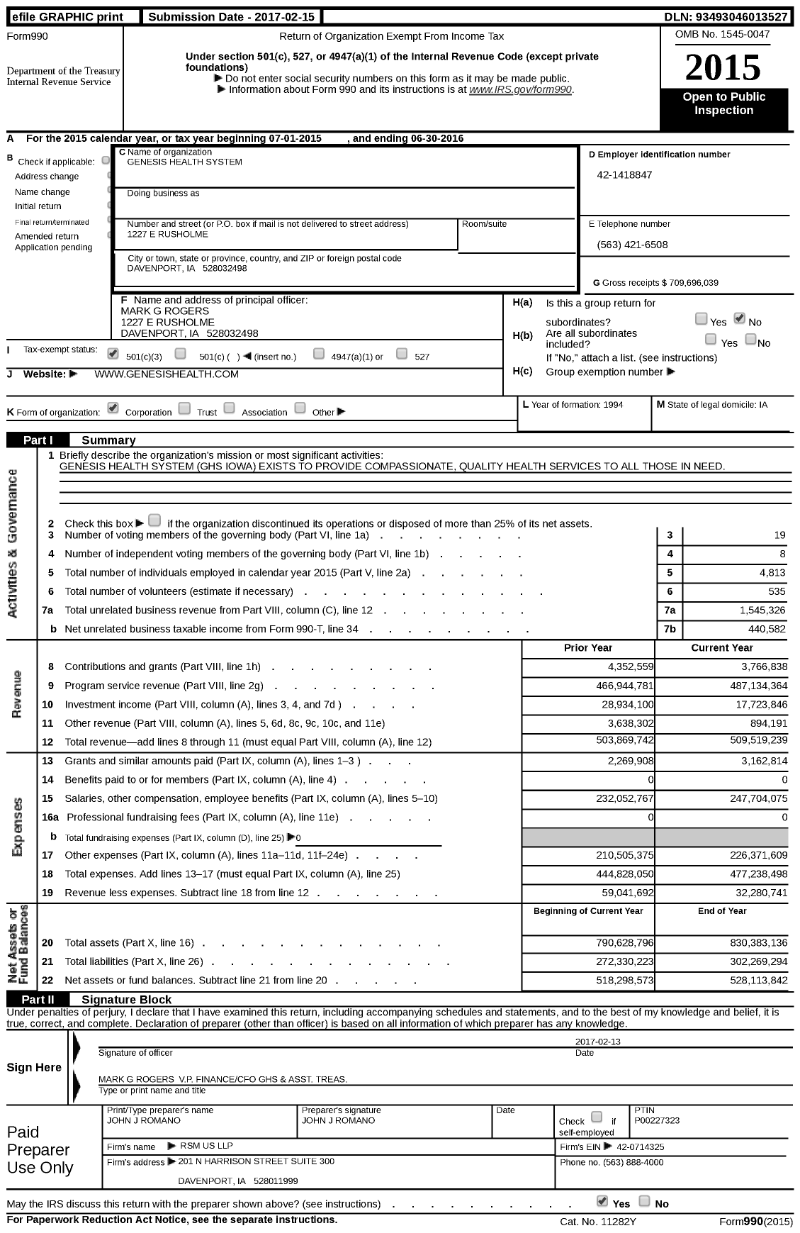 Image of first page of 2015 Form 990 for Genesis Health System