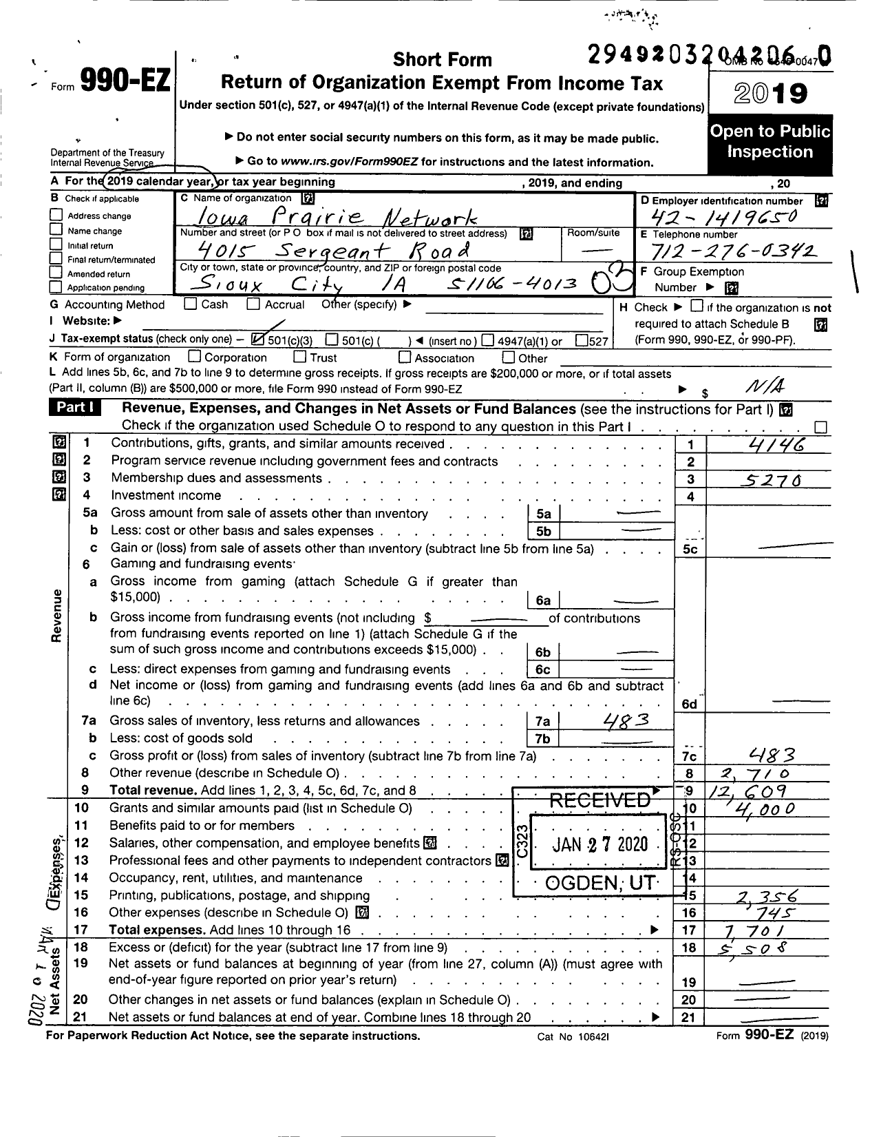 Image of first page of 2019 Form 990EZ for Iowa Prairie Network