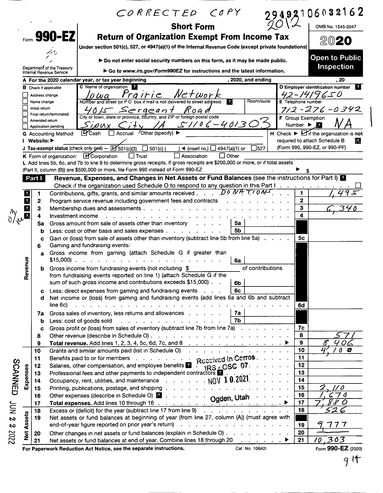 Image of first page of 2020 Form 990EZ for Iowa Prairie Network