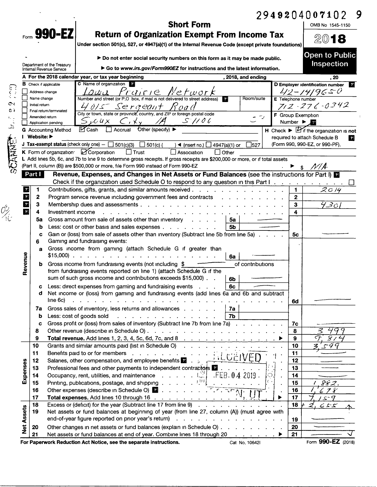 Image of first page of 2018 Form 990EZ for Iowa Prairie Network