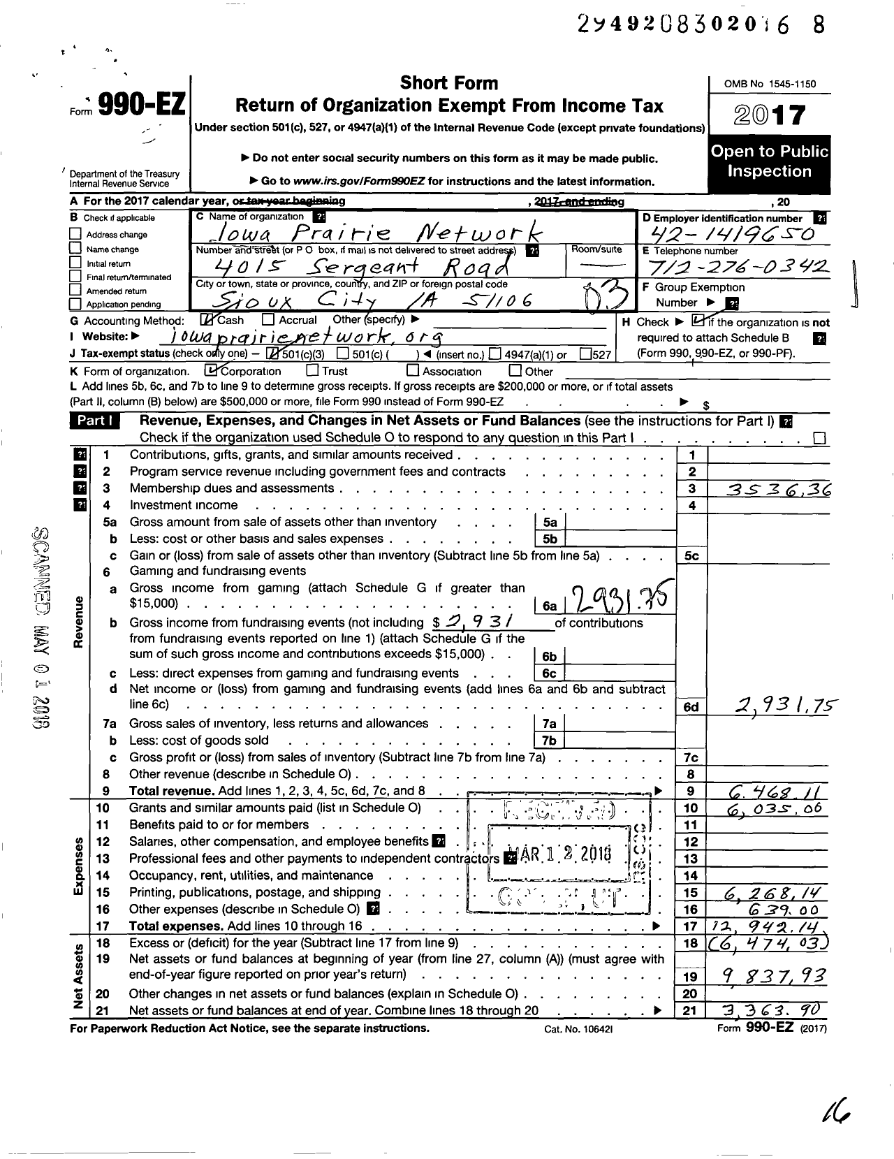 Image of first page of 2017 Form 990EZ for Iowa Prairie Network