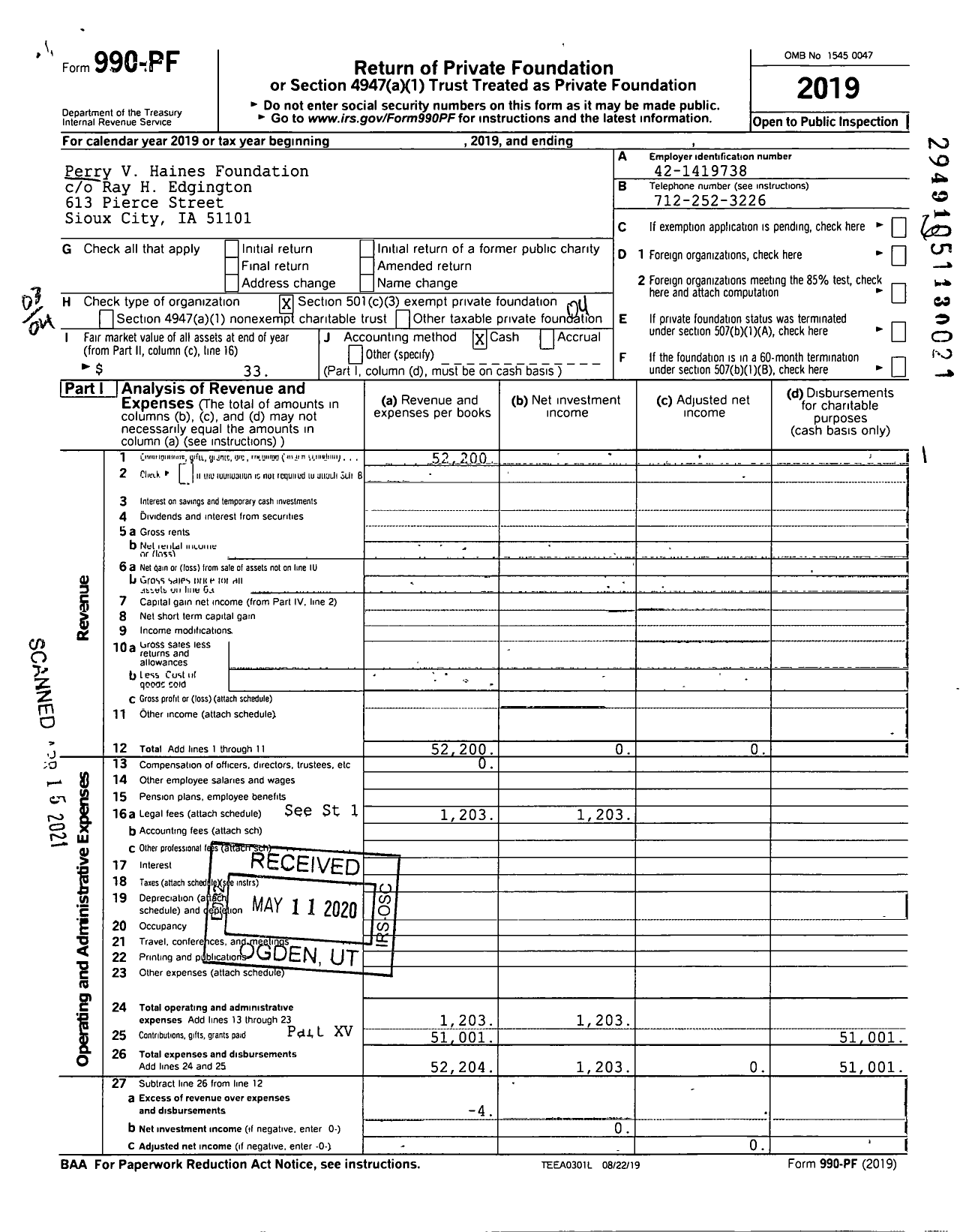 Image of first page of 2019 Form 990PF for Perry V Haines Foundation