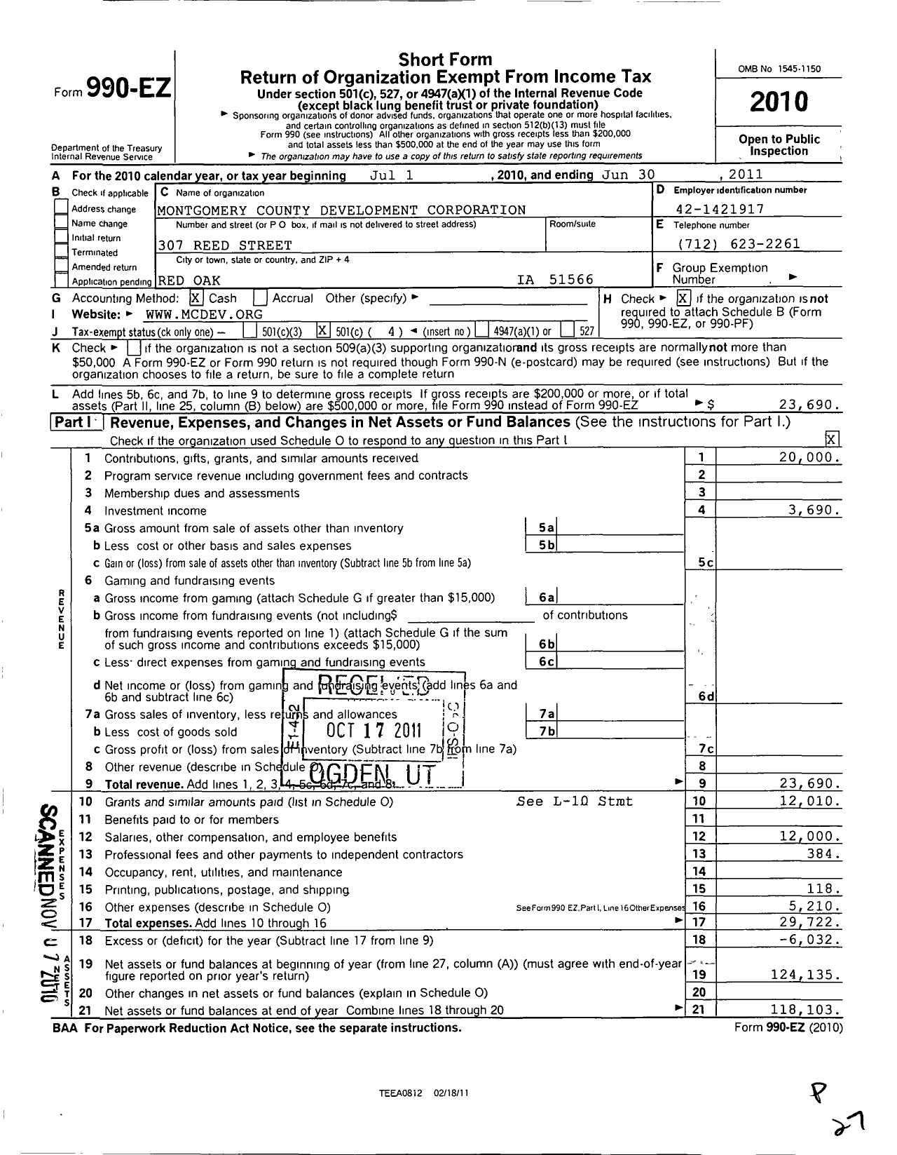 Image of first page of 2010 Form 990EO for Montgomery County Development Corporation