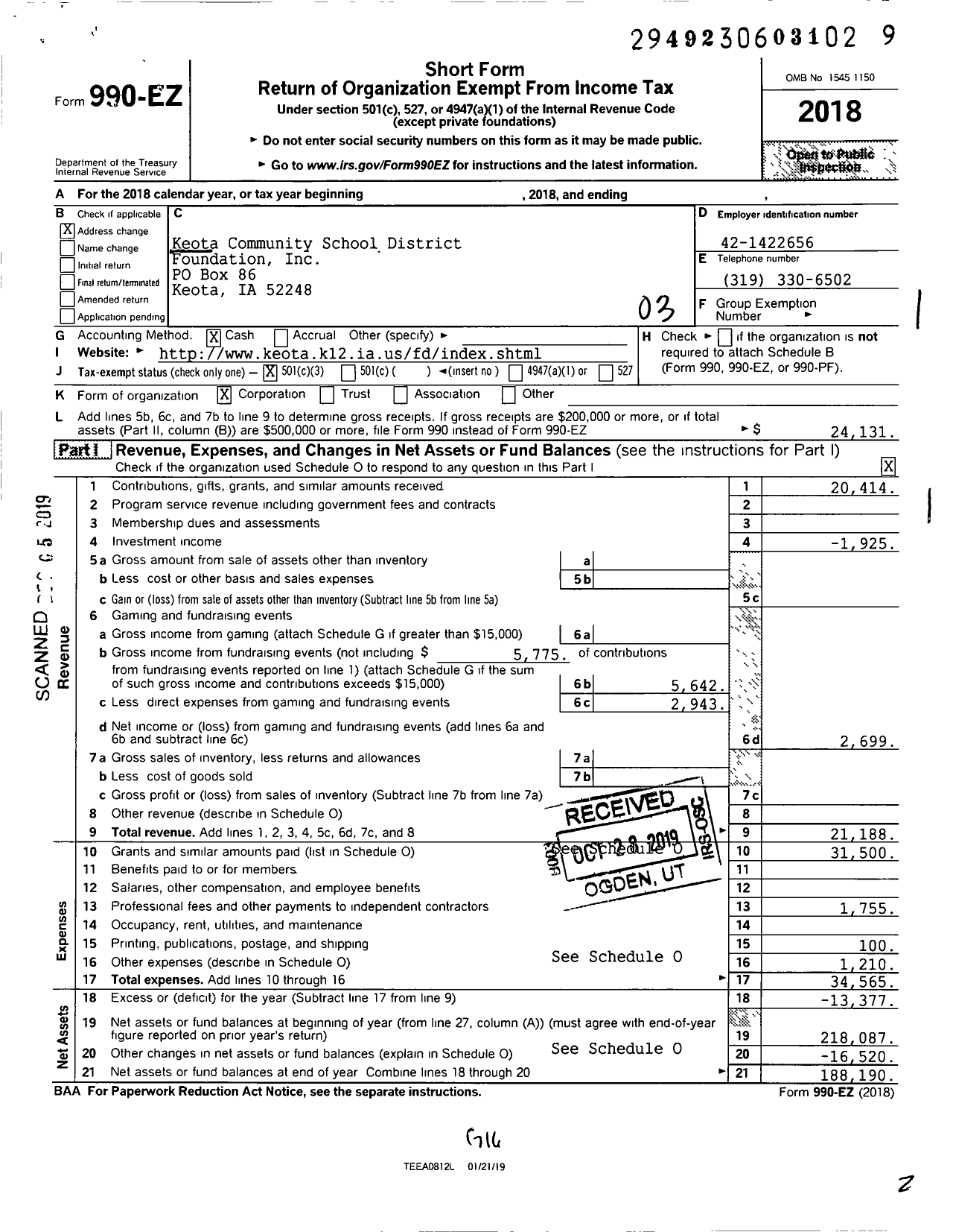 Image of first page of 2018 Form 990EZ for Keota Community School District Foundation