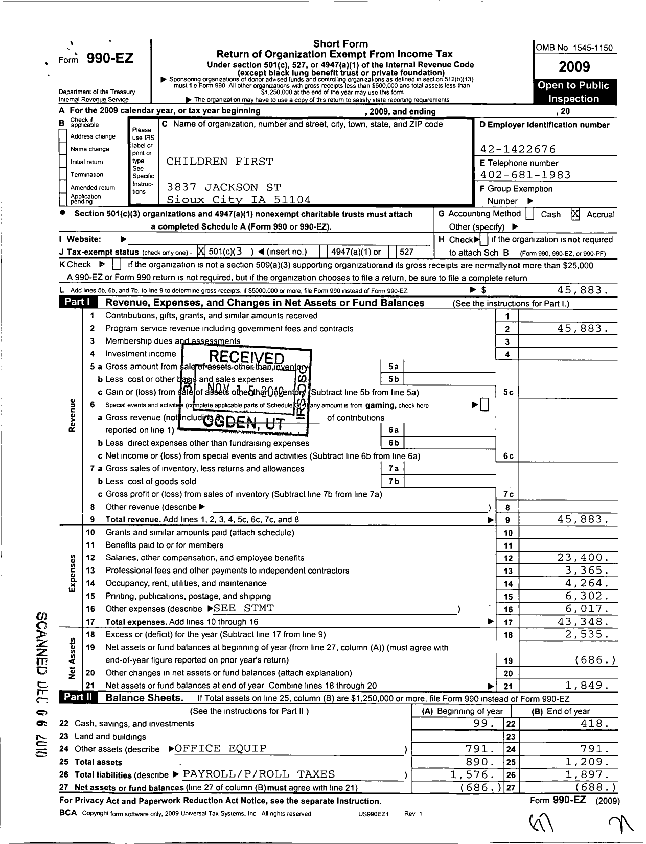 Image of first page of 2009 Form 990EZ for Children First