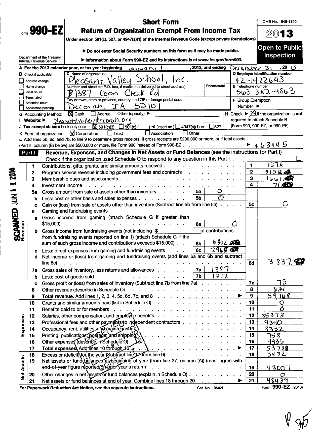 Image of first page of 2013 Form 990EZ for Pleasant Valley School Incorporated