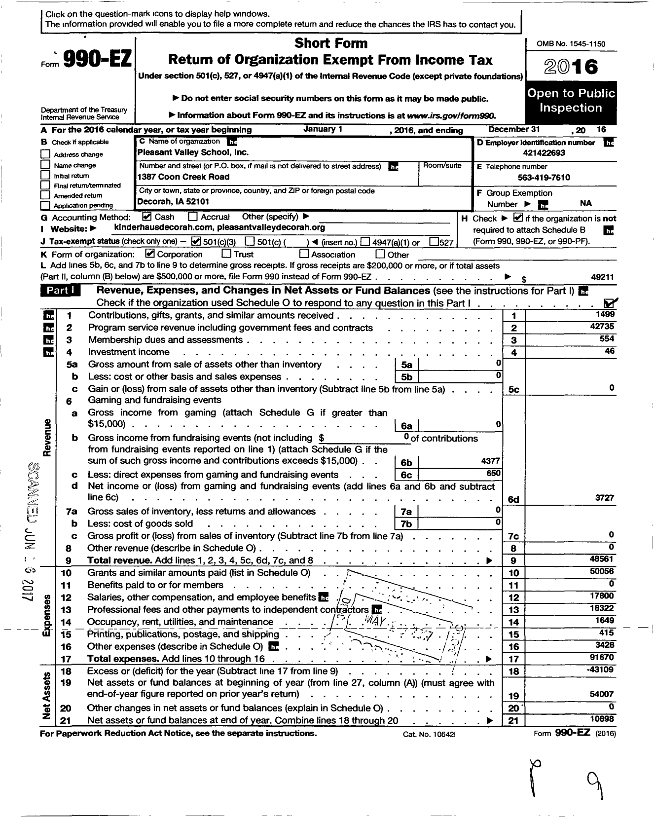 Image of first page of 2016 Form 990EZ for Pleasant Valley School Incorporated