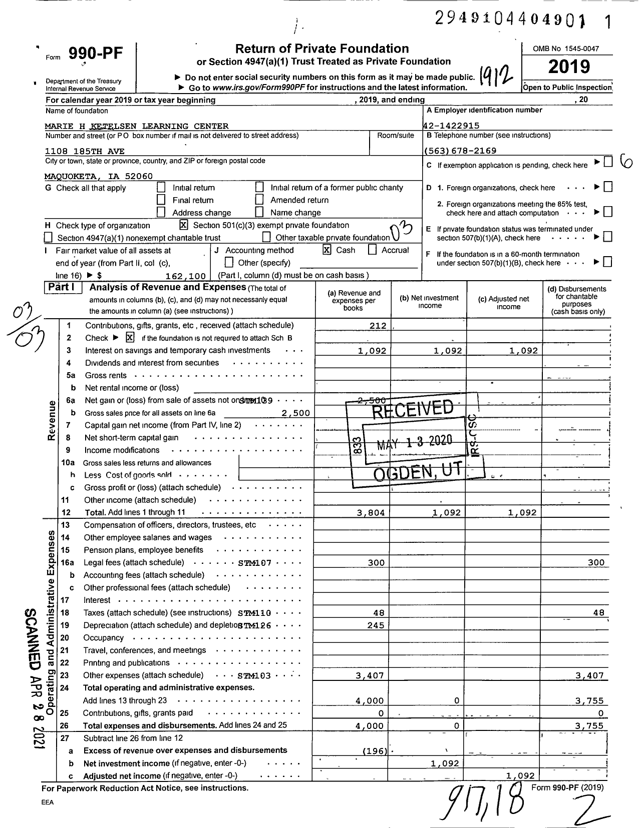 Image of first page of 2019 Form 990PF for Marie H Ketelsen Learning Center