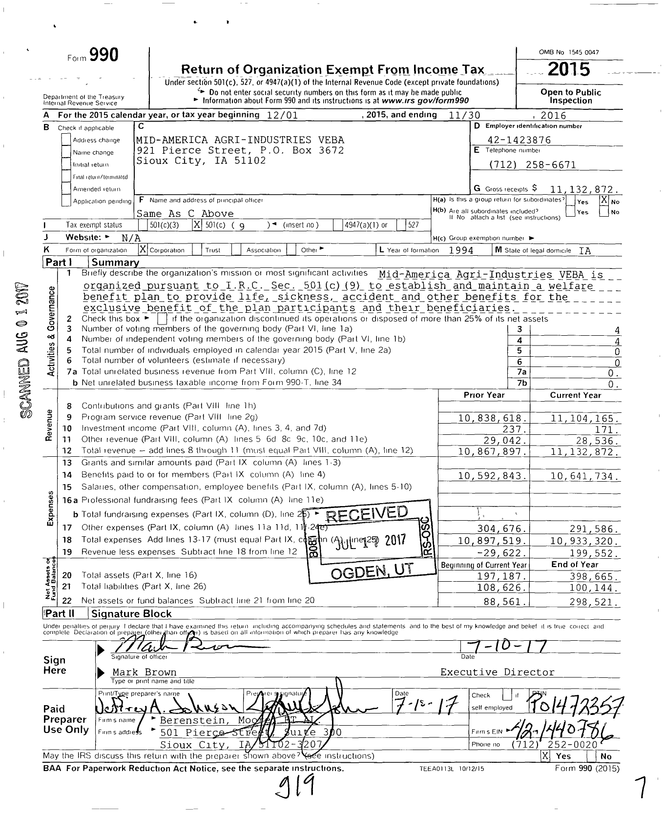 Image of first page of 2015 Form 990O for Mid-America Agri-Industries Veba