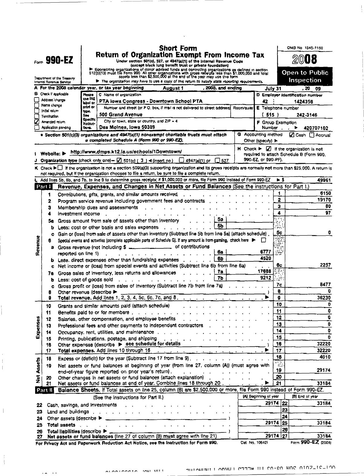 Image of first page of 2008 Form 990ER for PTA Iowa Congress / Downtown School PTA