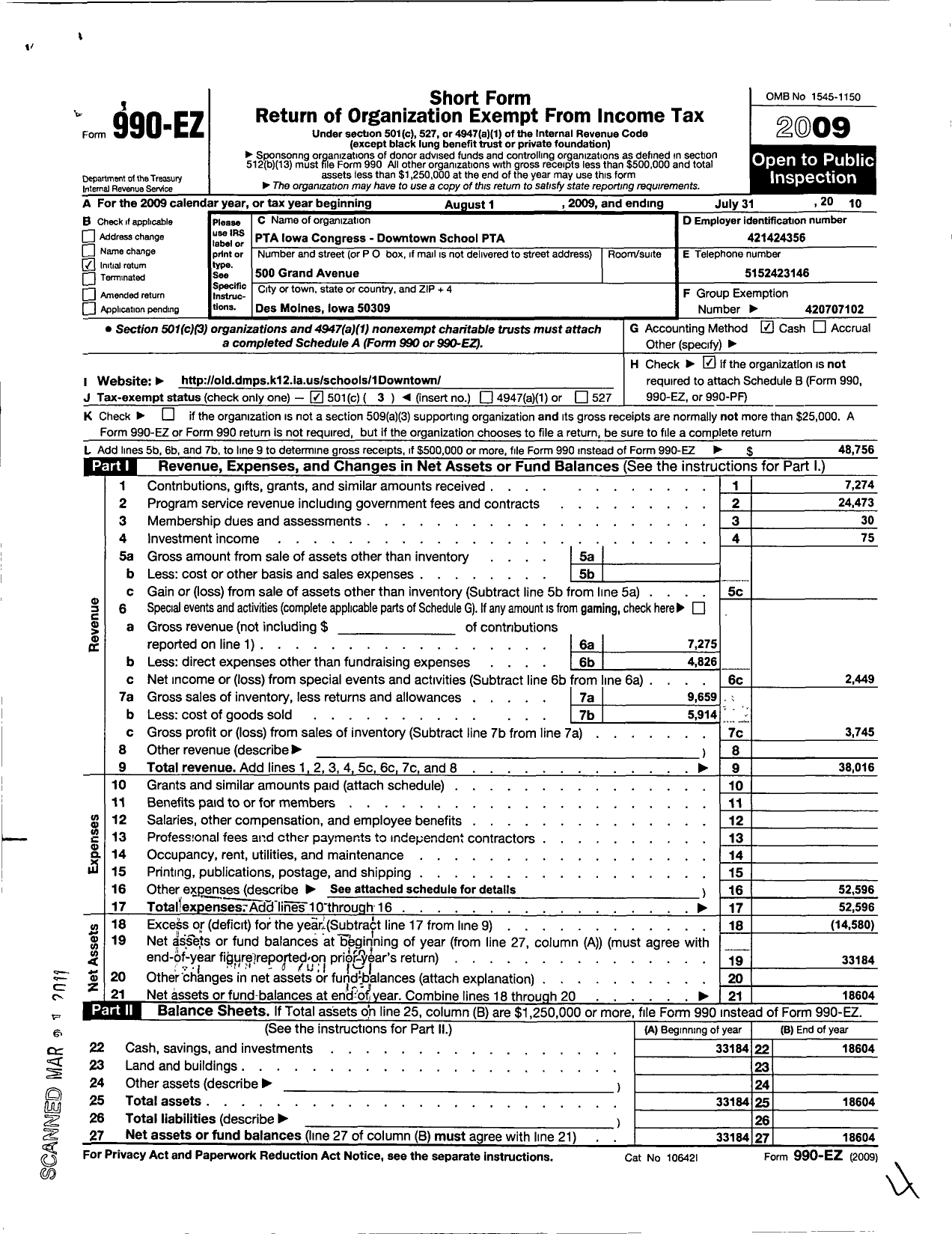 Image of first page of 2009 Form 990EZ for PTA Iowa Congress / Downtown School PTA