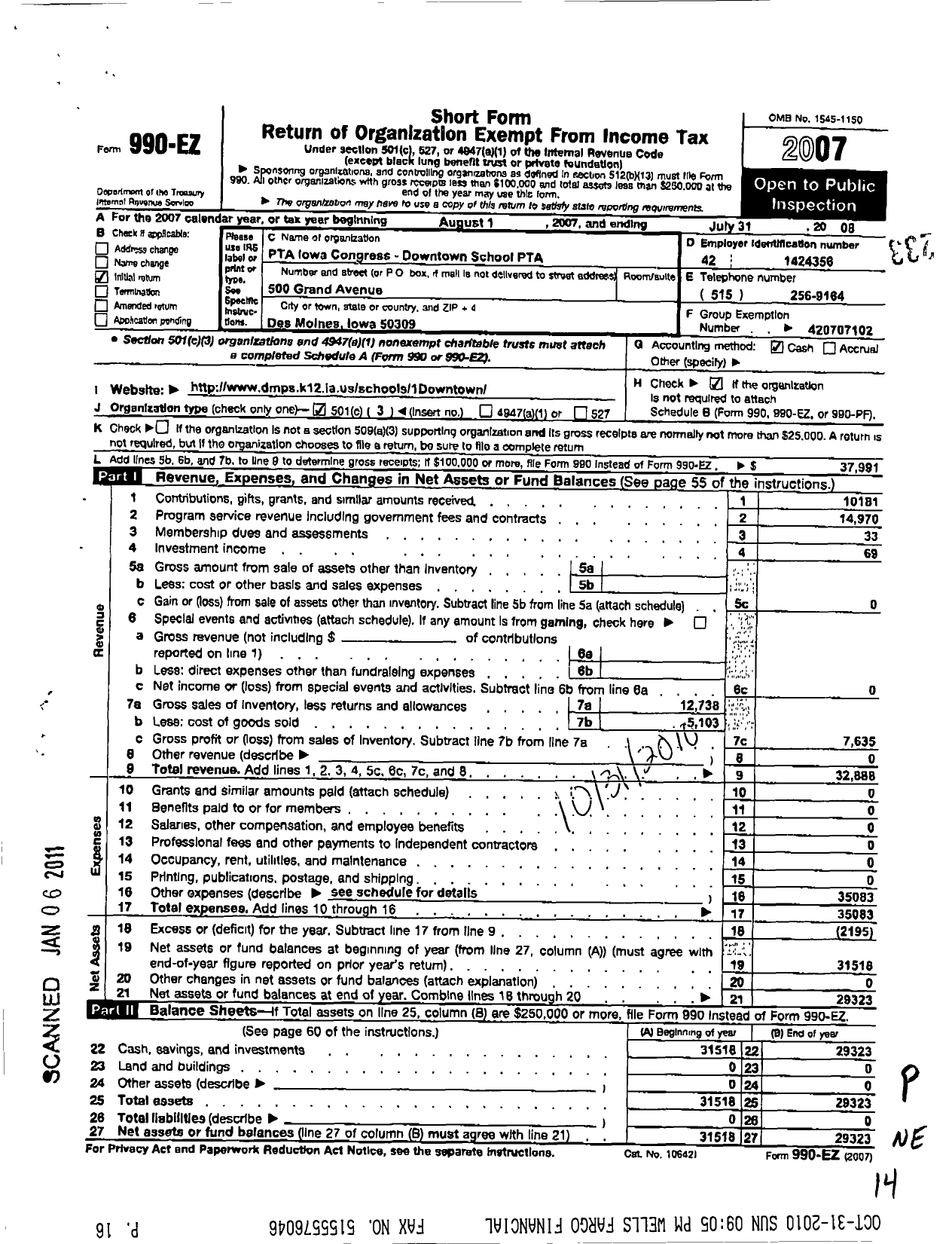 Image of first page of 2007 Form 990EZ for PTA Iowa Congress / Downtown School PTA