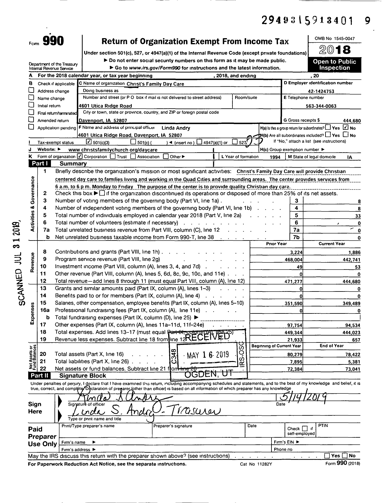 Image of first page of 2018 Form 990 for Christ's Family Day Care