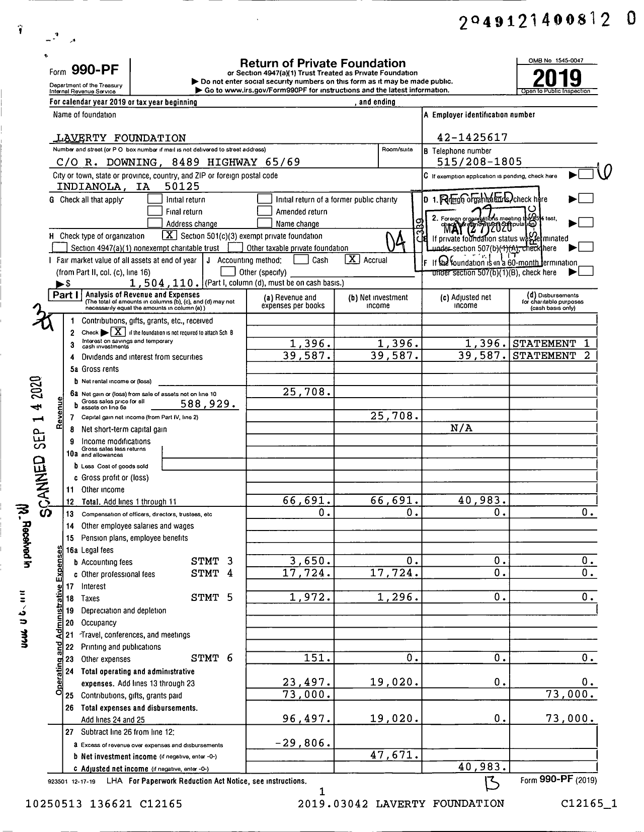 Image of first page of 2019 Form 990PR for Laverty Foundation