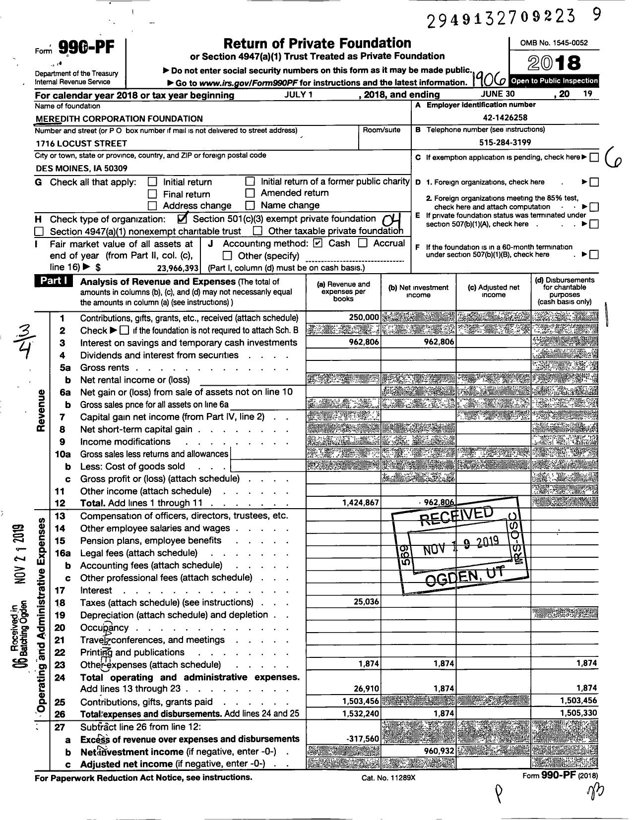 Image of first page of 2018 Form 990PF for Meredith Corporation Foundation