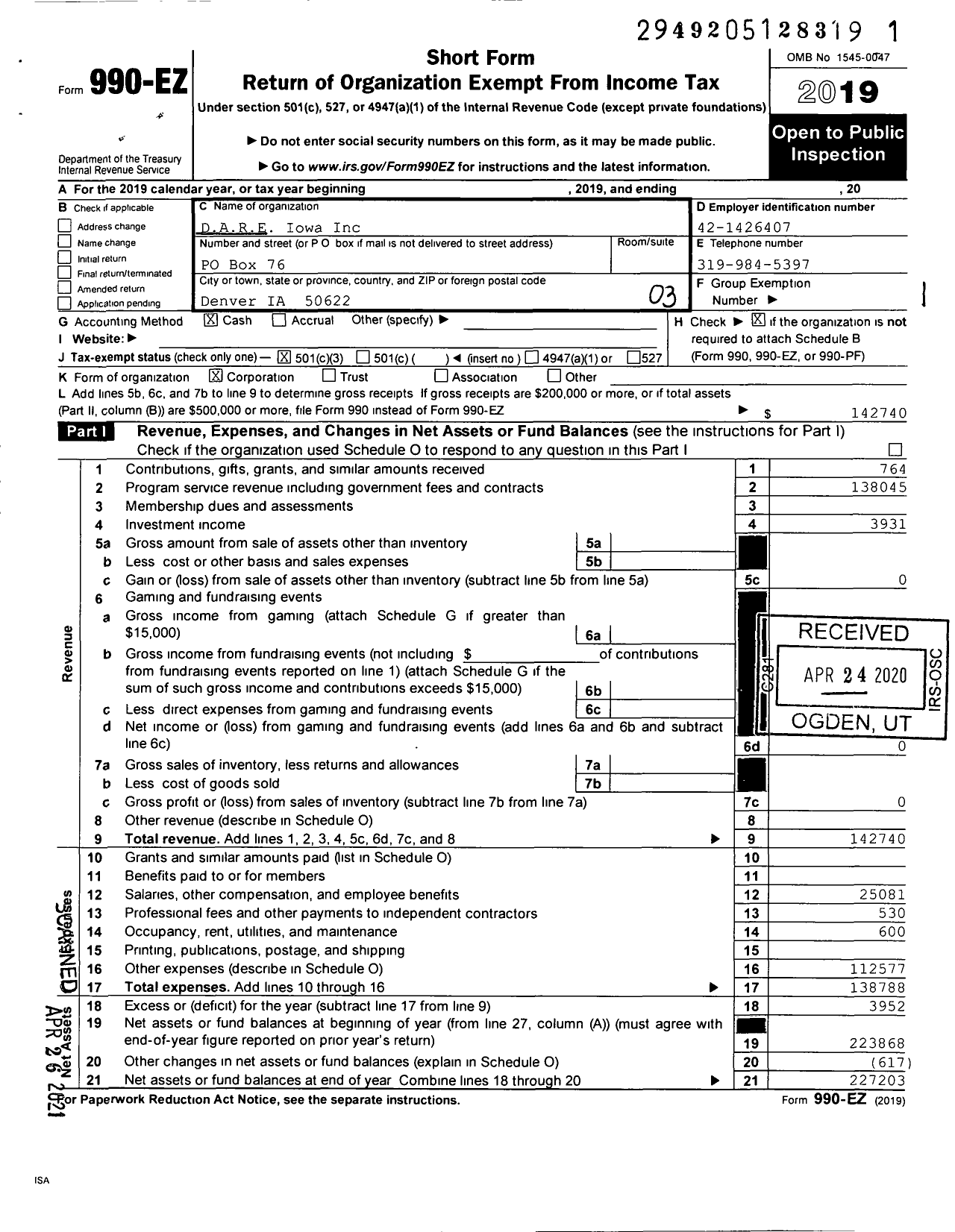 Image of first page of 2019 Form 990EZ for Dare Iowa