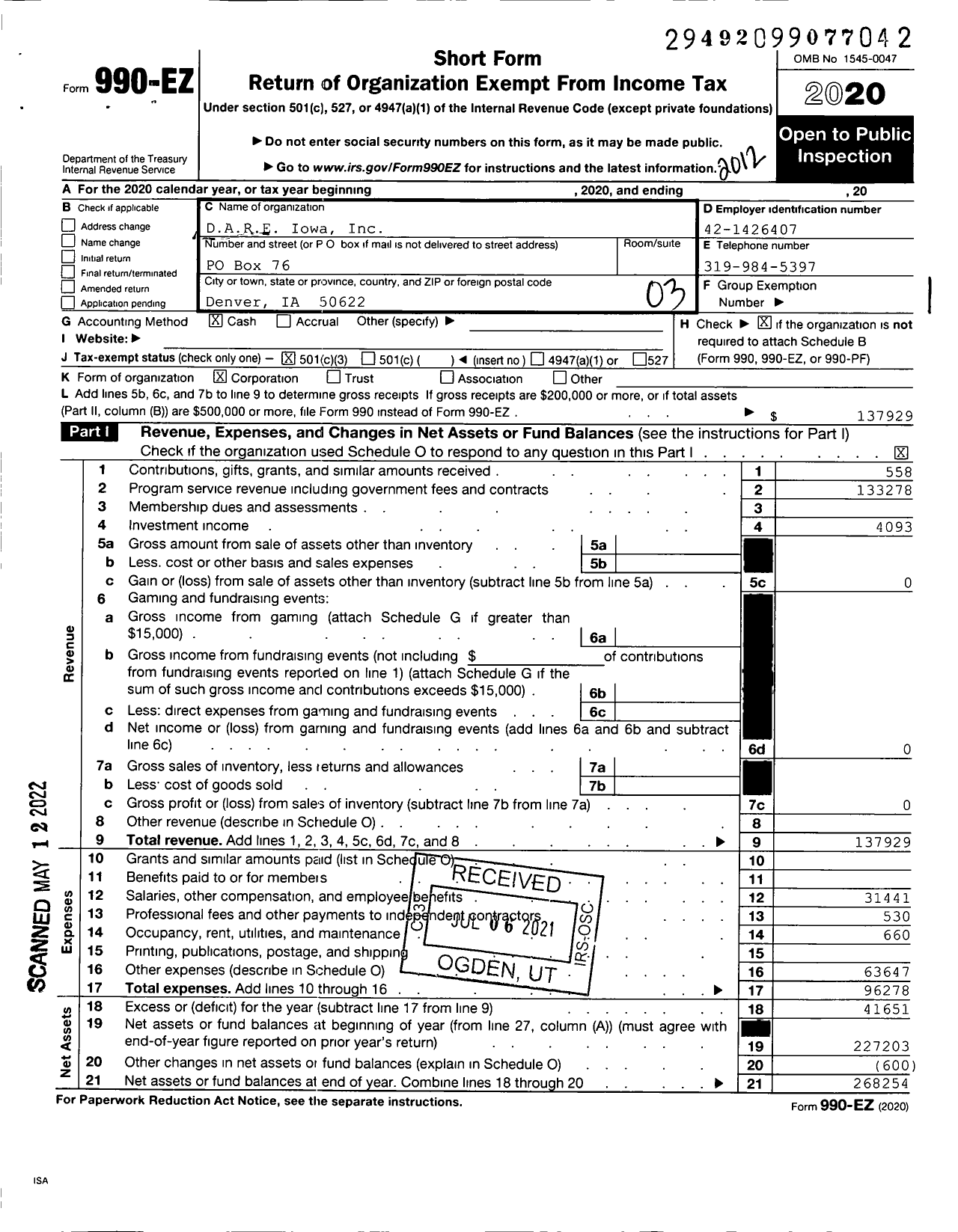 Image of first page of 2020 Form 990EZ for Dare Iowa