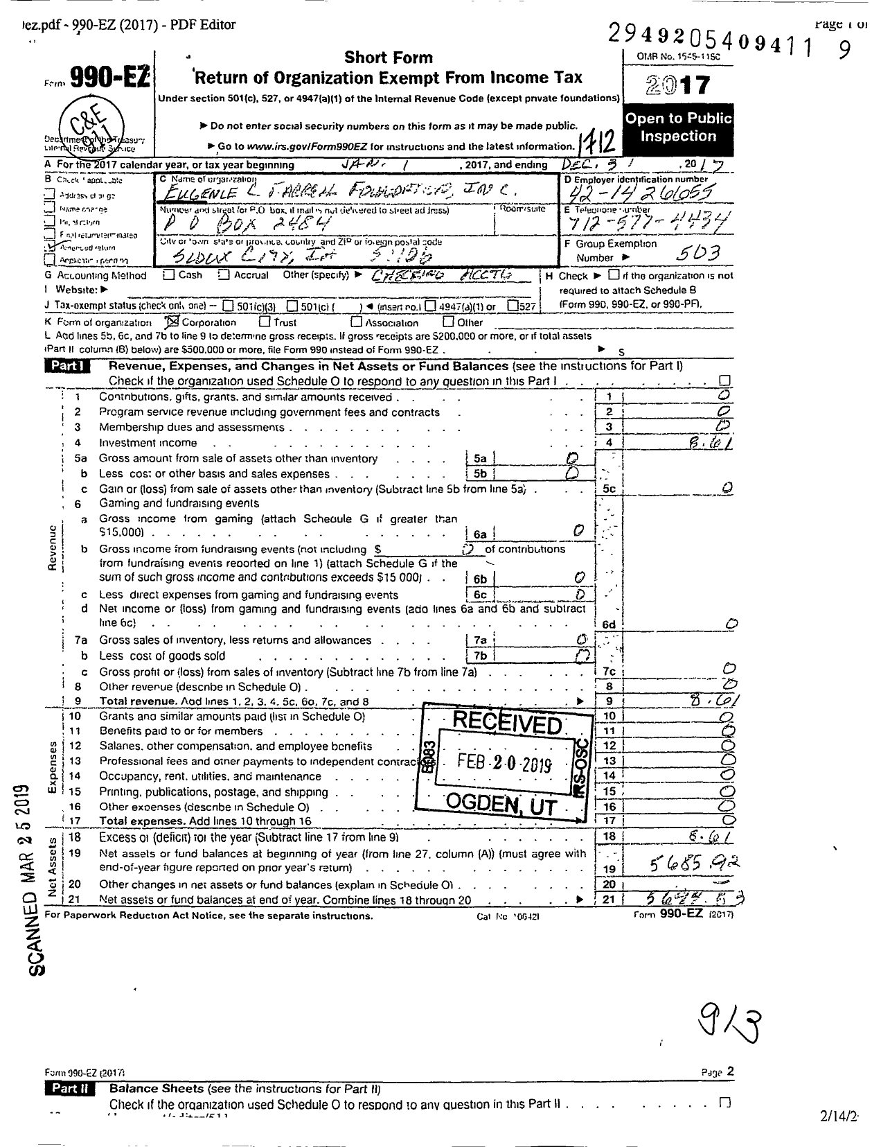 Image of first page of 2017 Form 990EZ for Eugene C Farrell Foundation