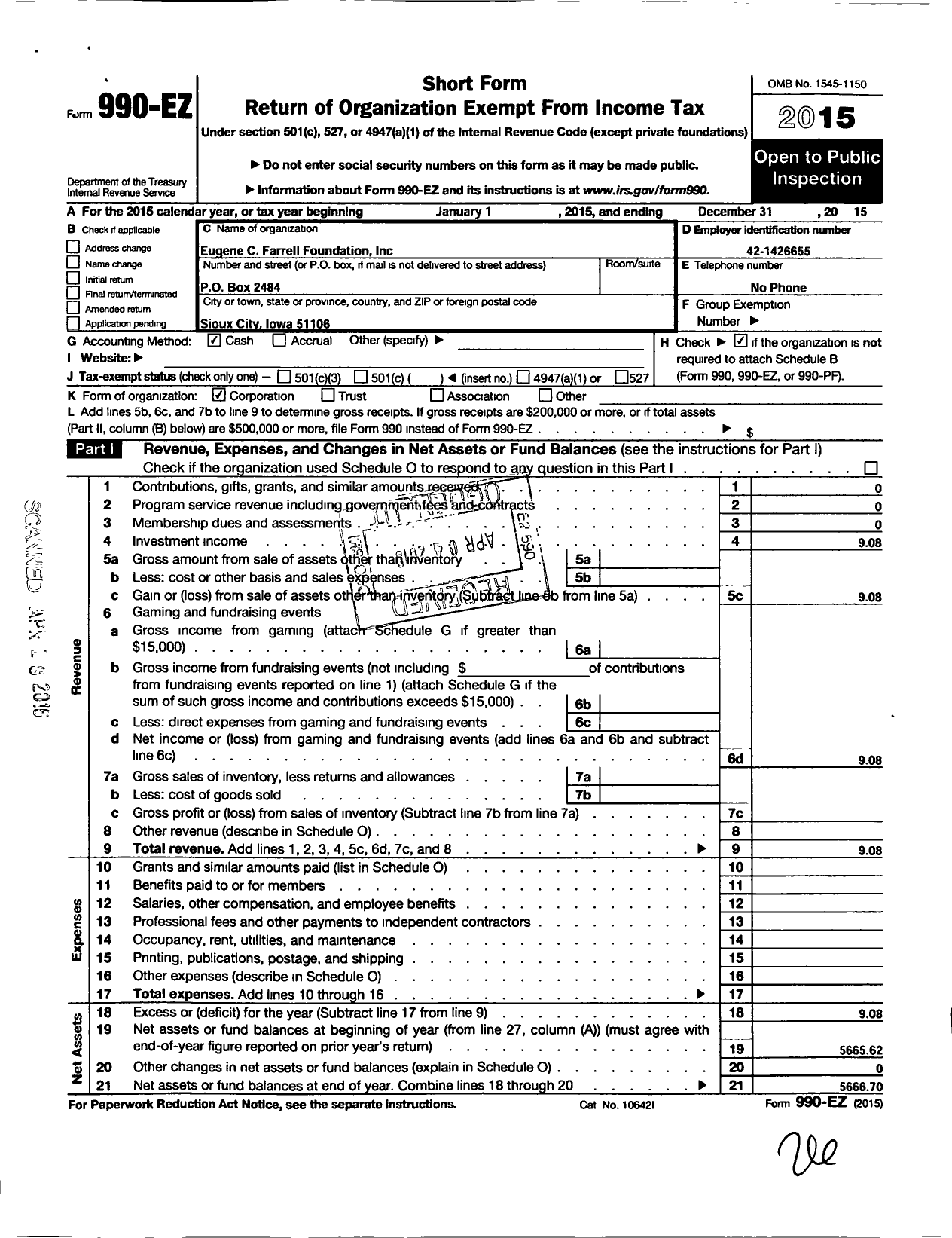 Image of first page of 2015 Form 990EO for Eugene C Farrell Foundation