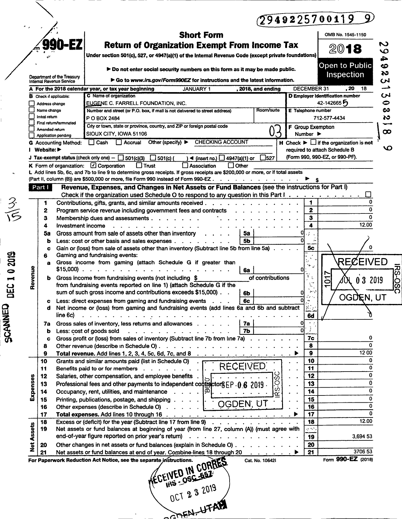 Image of first page of 2018 Form 990EZ for Eugene C Farrell Foundation