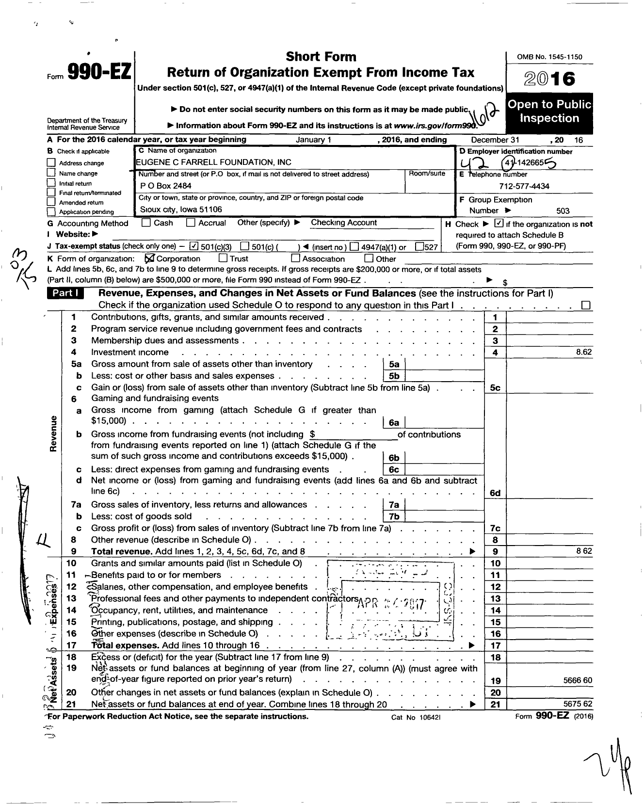 Image of first page of 2016 Form 990EZ for Eugene C Farrell Foundation