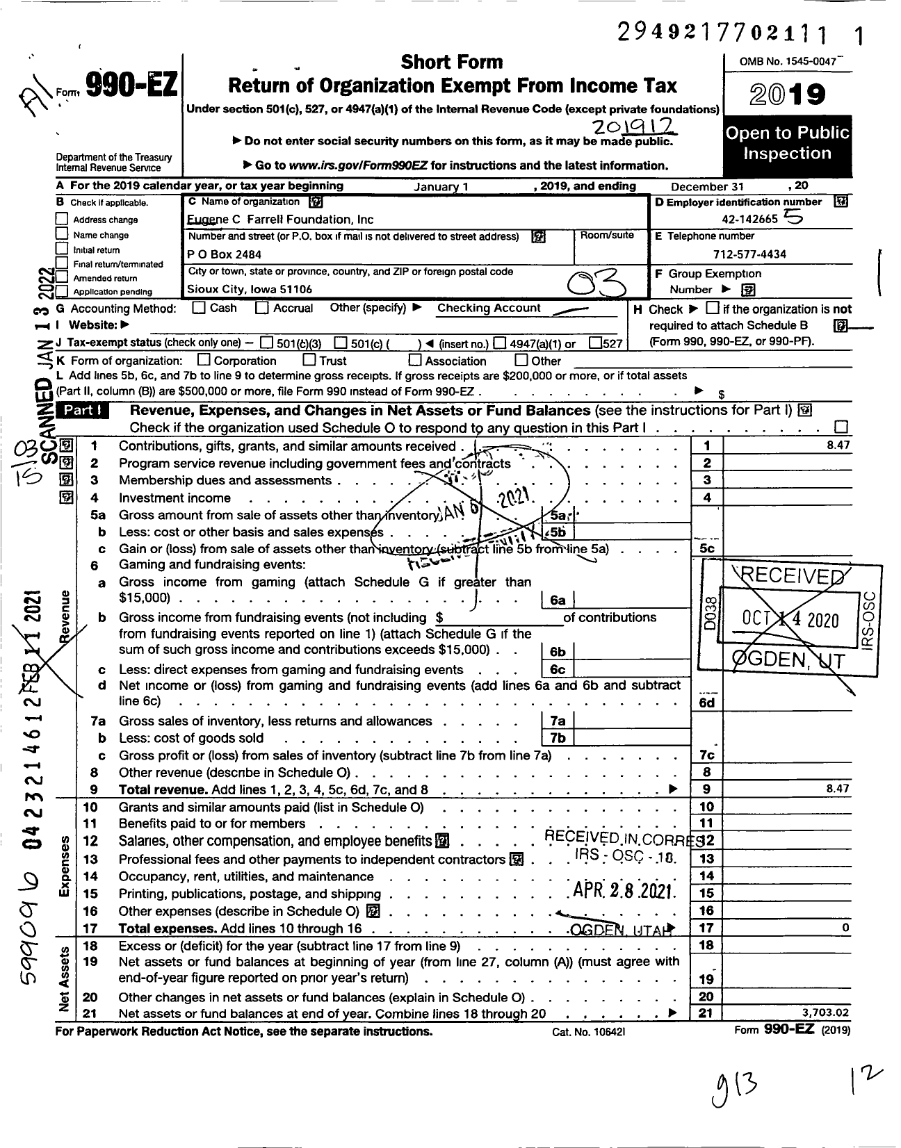 Image of first page of 2019 Form 990EZ for Eugene C Farrell Foundation