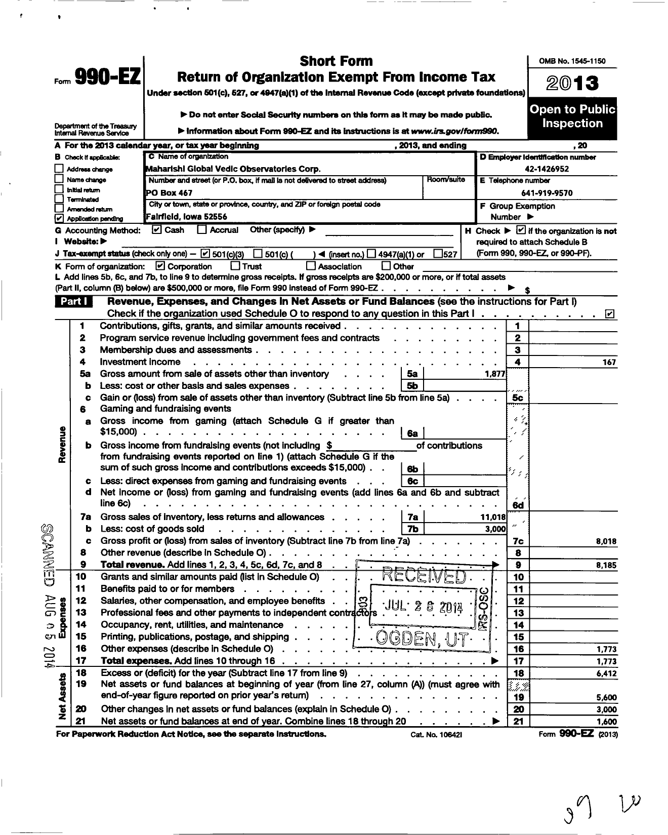 Image of first page of 2013 Form 990EZ for Maharishi Global Vedic Observatories Corporation