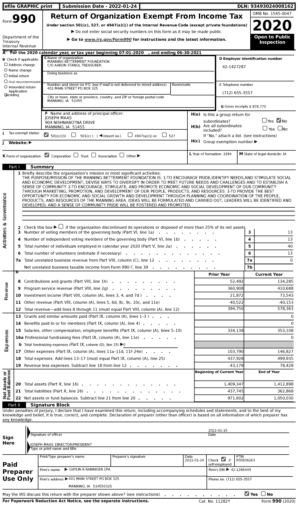 Image of first page of 2020 Form 990 for Manning Betterment Foundation