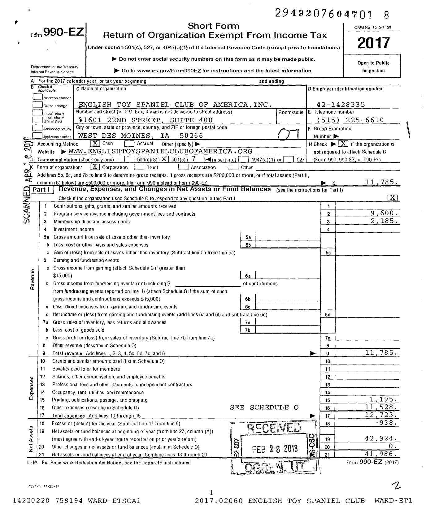 Image of first page of 2017 Form 990EO for English Toy Spaniel Club of America