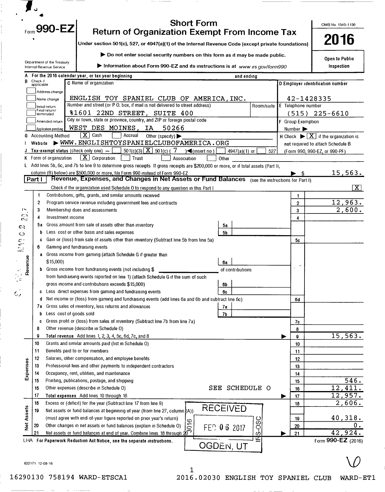 Image of first page of 2016 Form 990EO for English Toy Spaniel Club of America