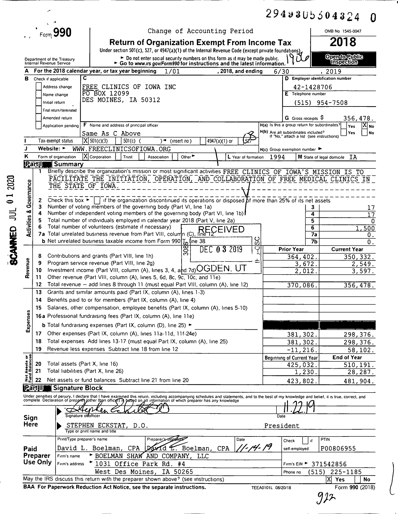 Image of first page of 2018 Form 990 for Free Clinics of Iowa