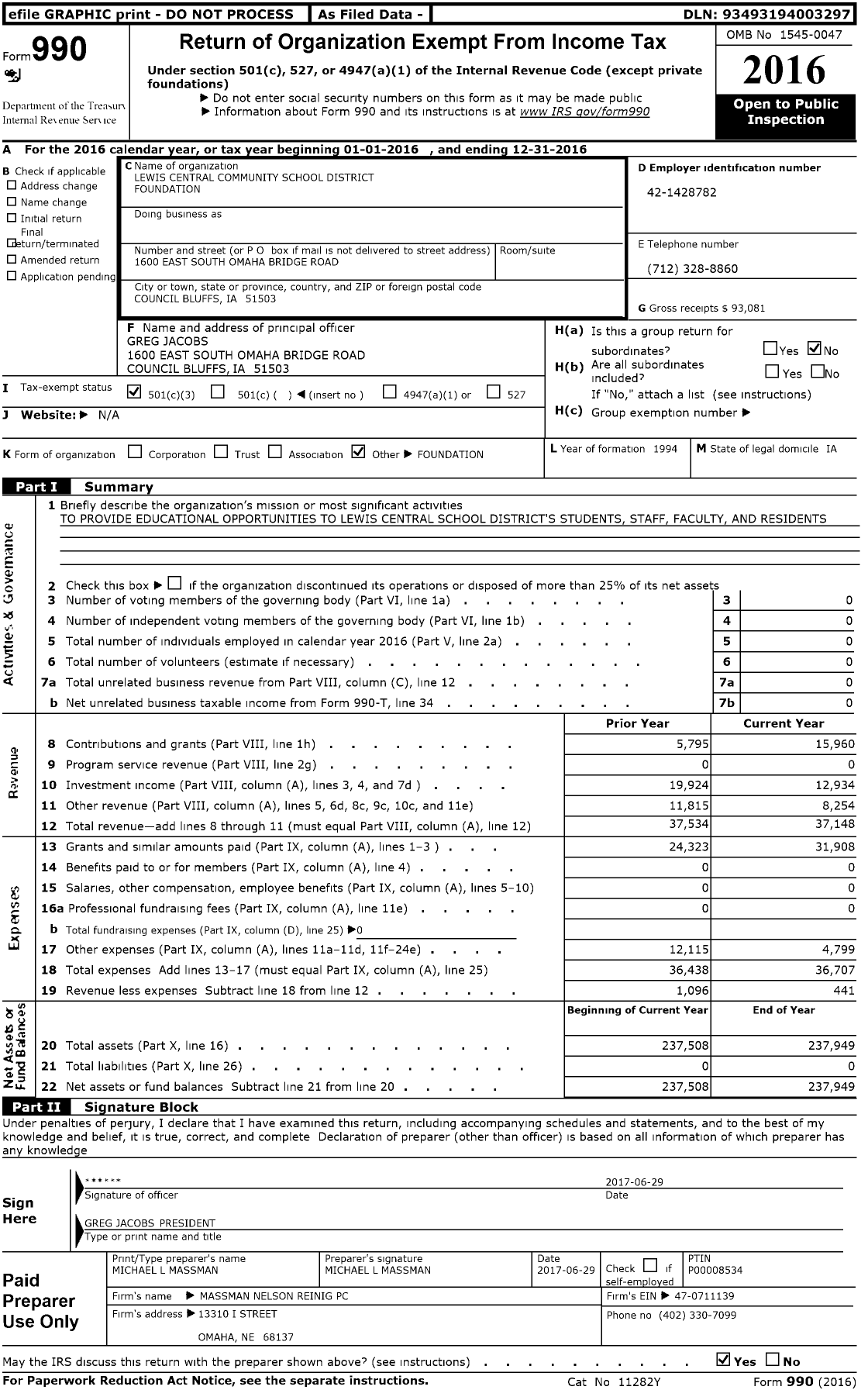 Image of first page of 2016 Form 990 for Lewis Central Education Foundation